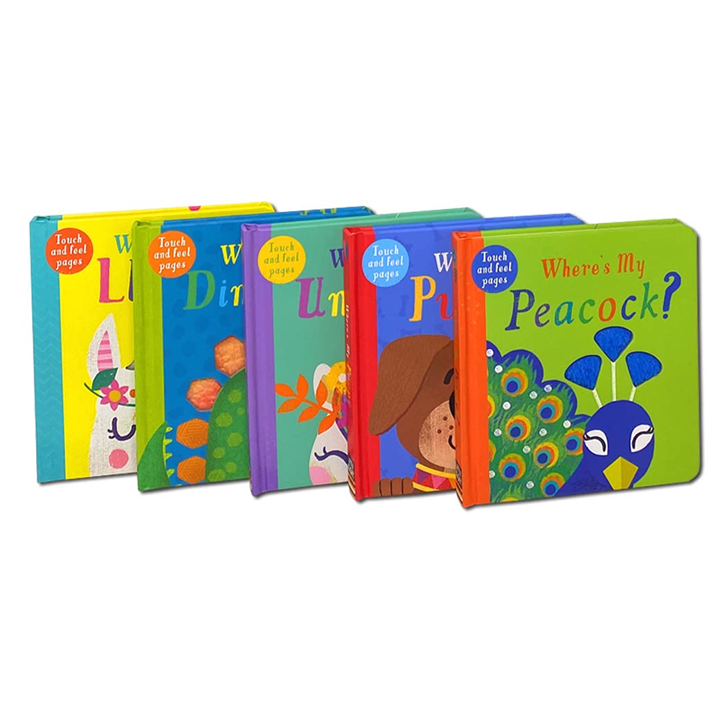 Where's My...? Touchy-Feely Collection box set back cover showing all 5 titles: Llama, Dinosaur, Unicorn, Puppy, Peacock