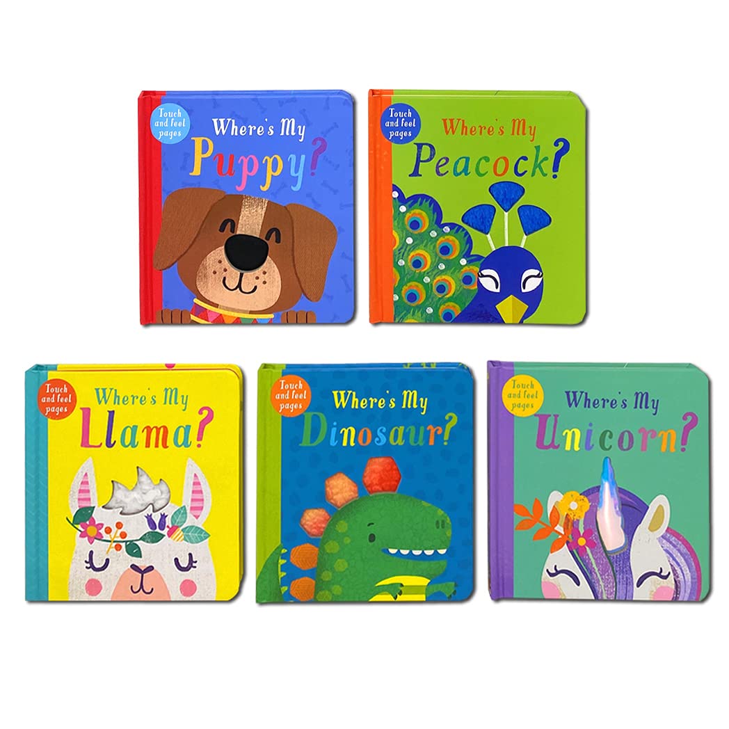 All 5 Where's My...? touch-and-feel board books fanned out showing Llama, Dinosaur, Unicorn, Puppy, and Peacock covers