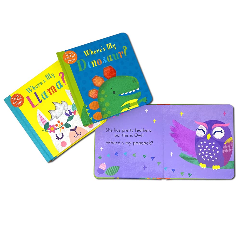 Inside page spread of a Where's My...? touch-and-feel board book showing textured animal illustration and lift-the-flap ending
