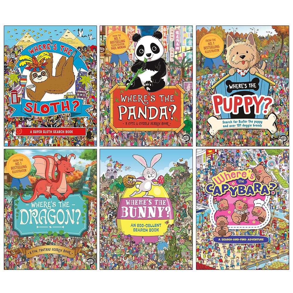 Where's the Search and Find Activity Collection 6 books paperback set front cover showing Sloth, Panda, Puppy, Dragon, Bunny and Capybara titles