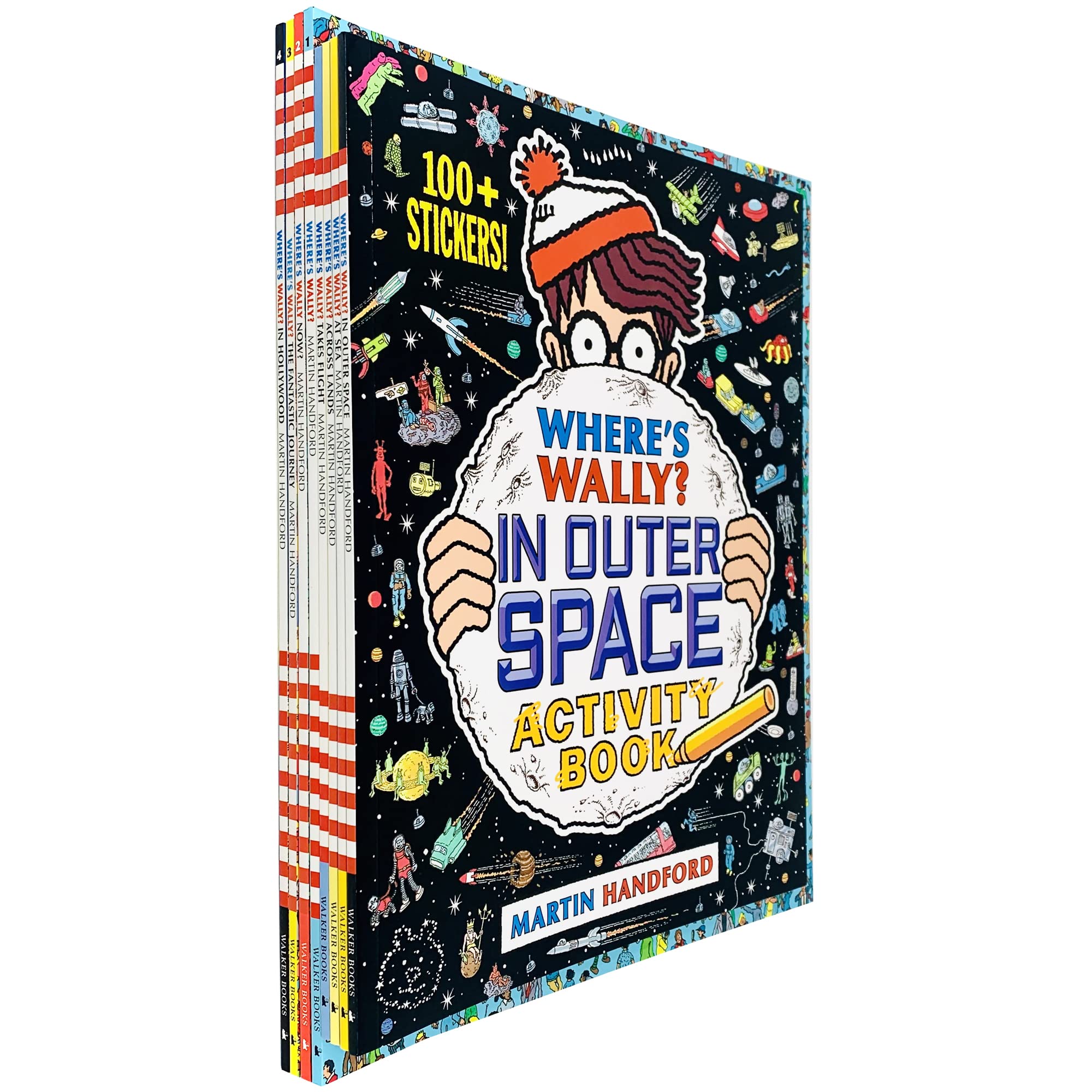 Close-up of the Where's Wally 8-book paperback set covers, highlighting colorful search-and-find and activity book illustrations.