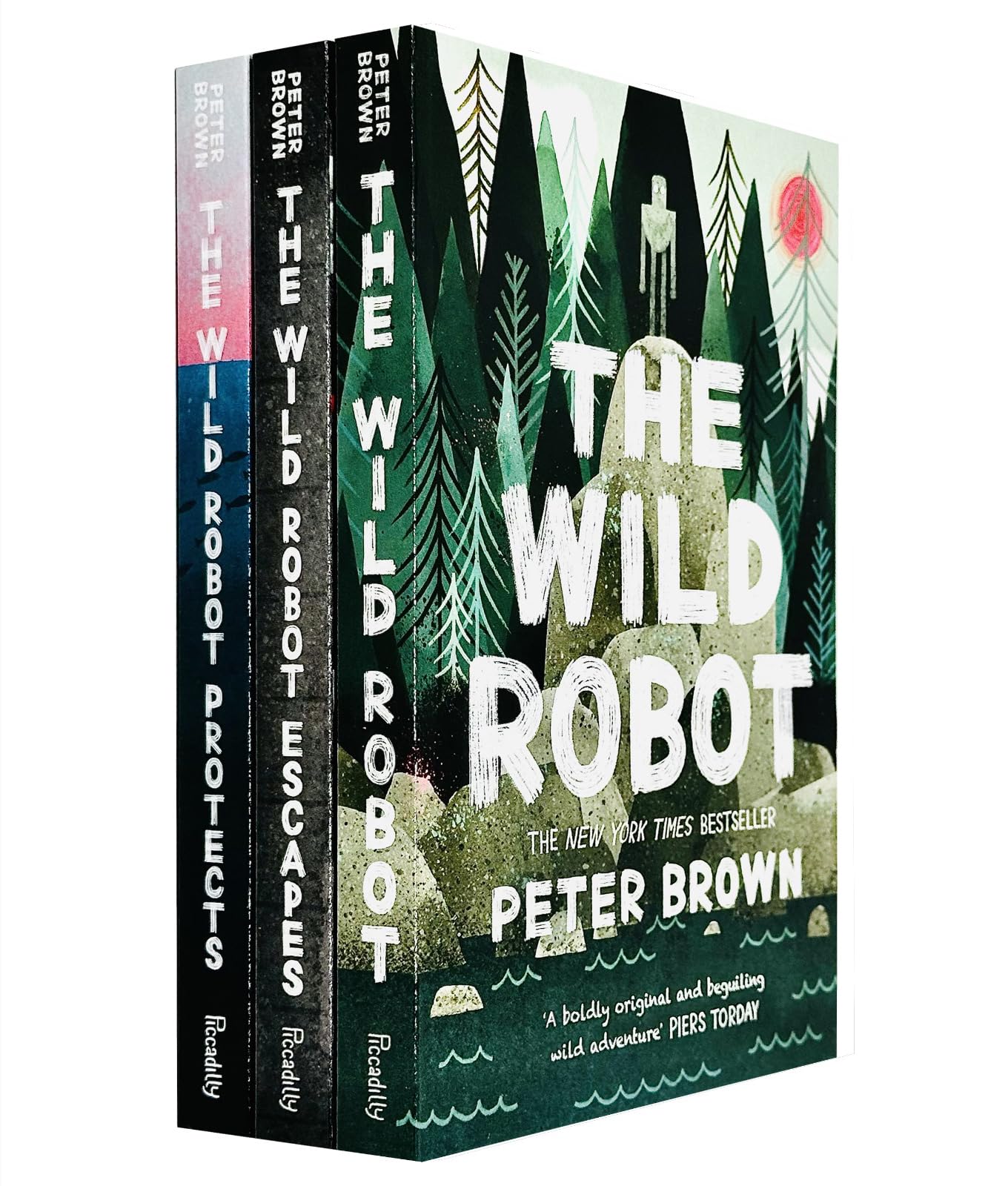 The Wild Robot Series 3 Books Collection Set by Peter Brown paperback - front cover of The Wild Robot showing Roz the robot on the island