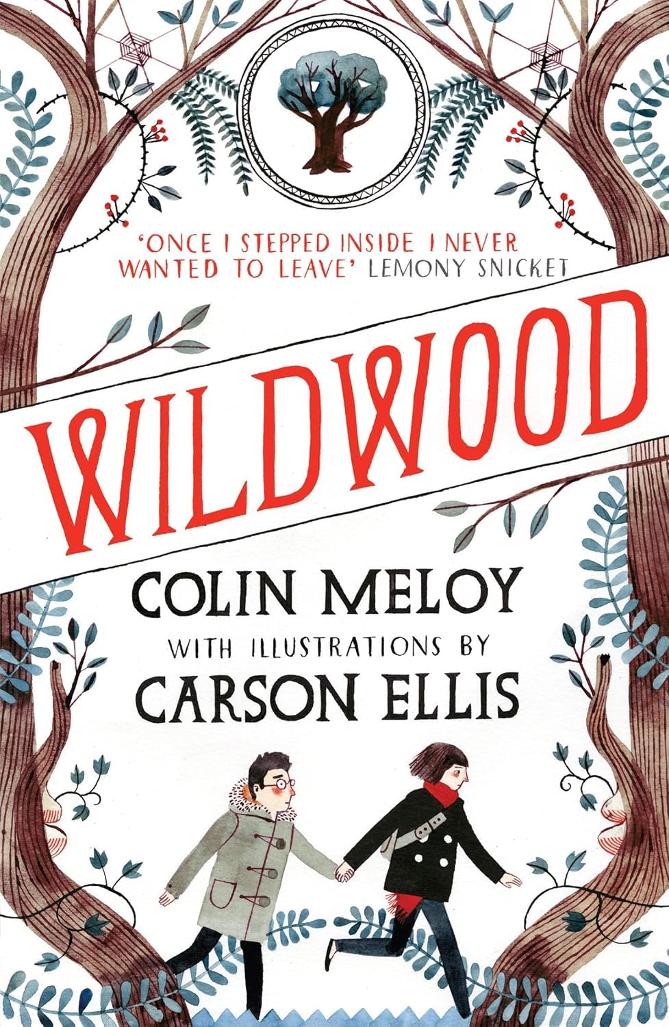 Close-up of the Wildwood Chronicles paperback spines featuring Carson Ellis's illustrated artwork