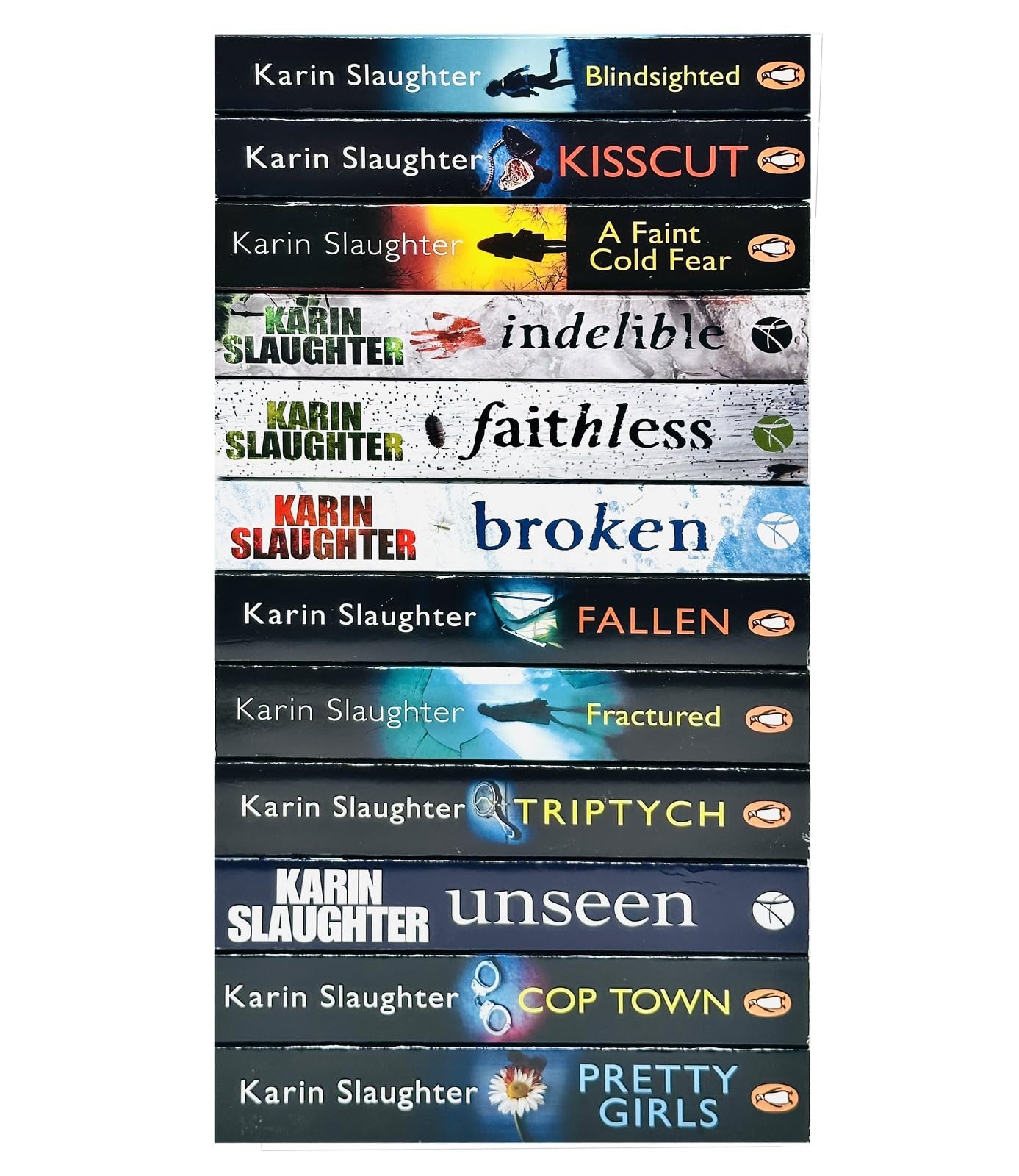 Stacked arrangement of the 12-book Karin Slaughter Will Trent and Grant County paperback collection set