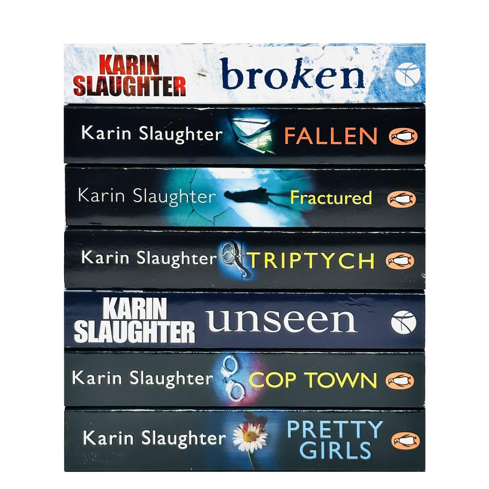 All seven Will Trent series paperback books by Karin Slaughter fanned out showing spines and covers
