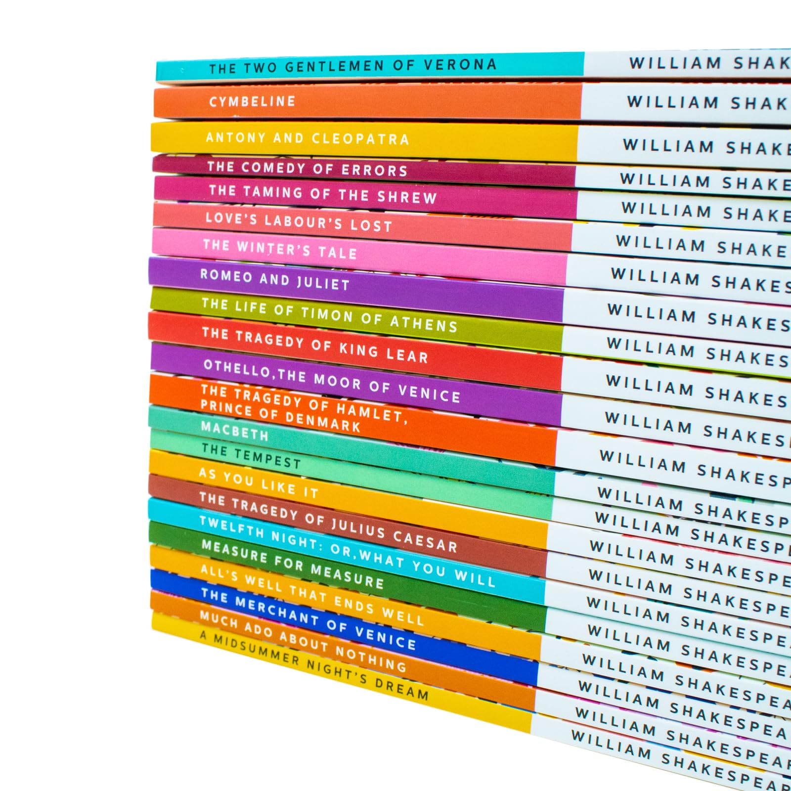 Angled view of the William Shakespeare 22-book paperback collection set arranged together