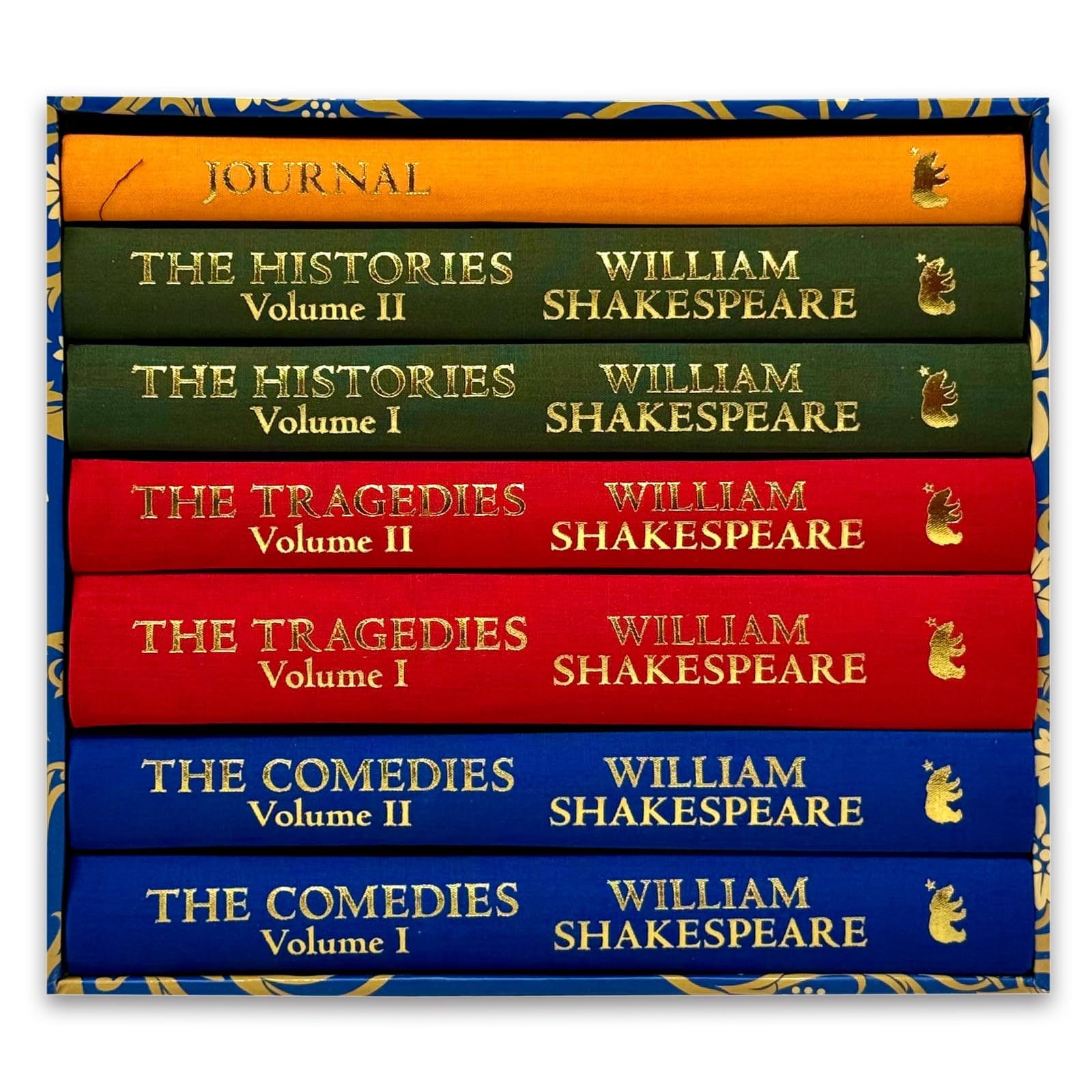 The six hardcover volumes of the William Shakespeare Collection fanned out showing Comedies, Tragedies, and Histories spines