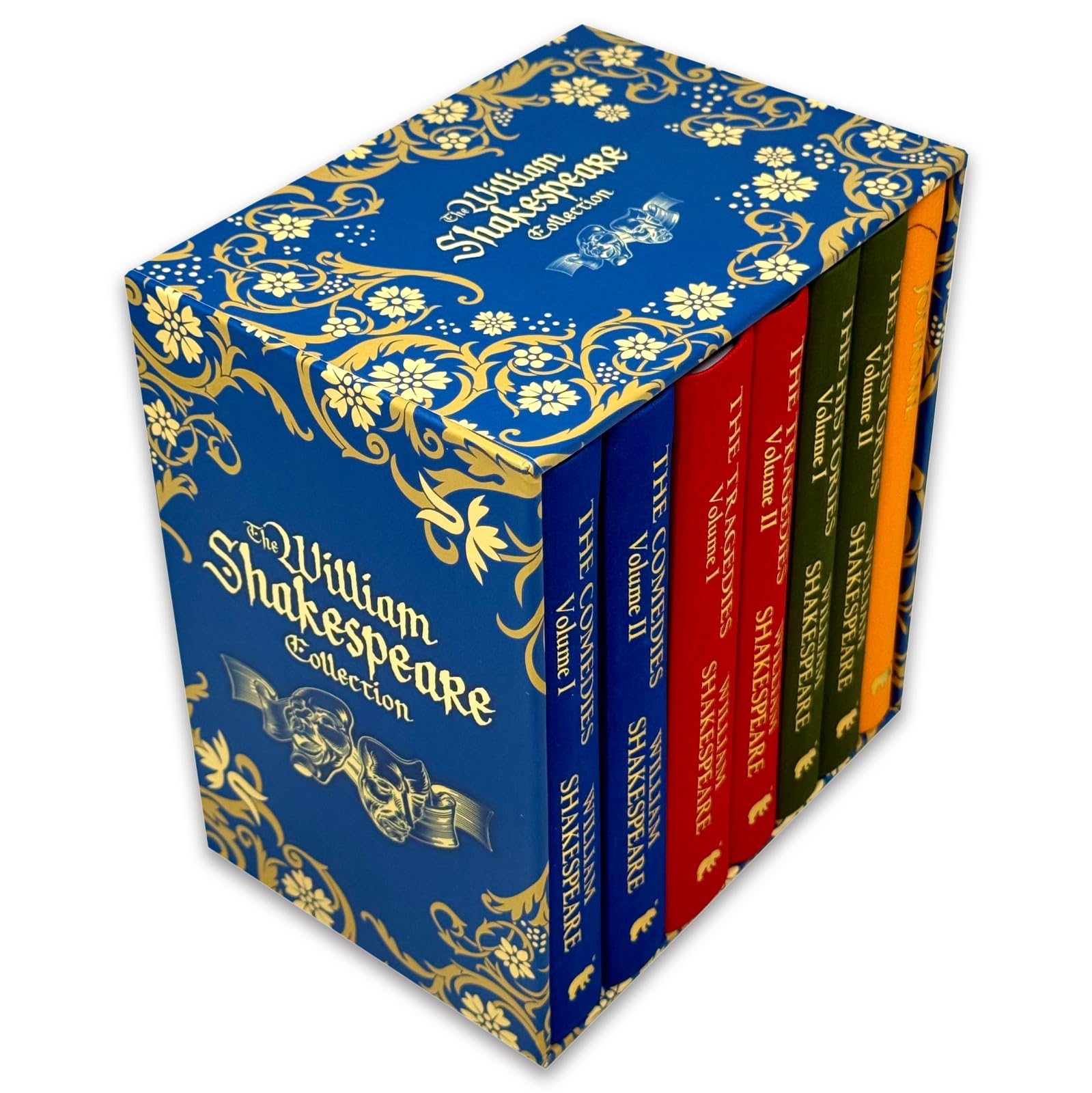 Close-up of a Comedies volume cover from the William Shakespeare hardcover collection