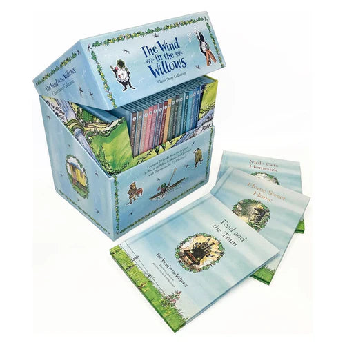 Close-up of illustrated hardback volumes from The Wind in the Willows 20-book story collection