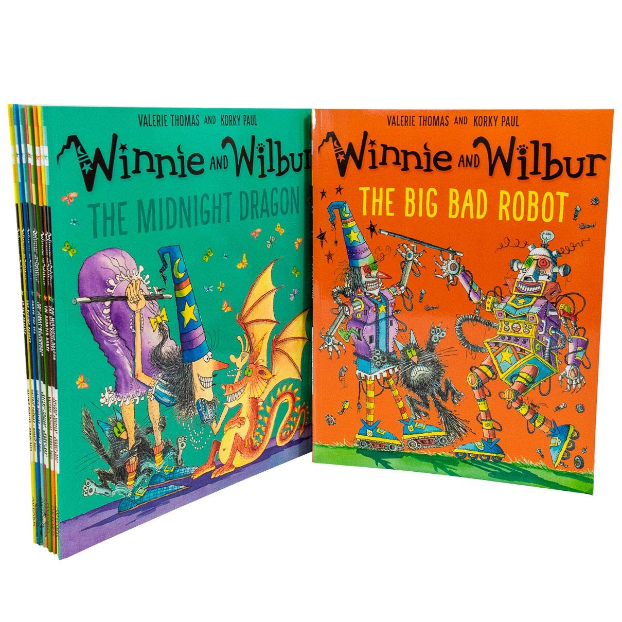 Winnie and Wilbur 16 book paperback collection set fanned out, showing individual titles including Winnie the Witch, The Broomstick Ride, and The Flying Carpet