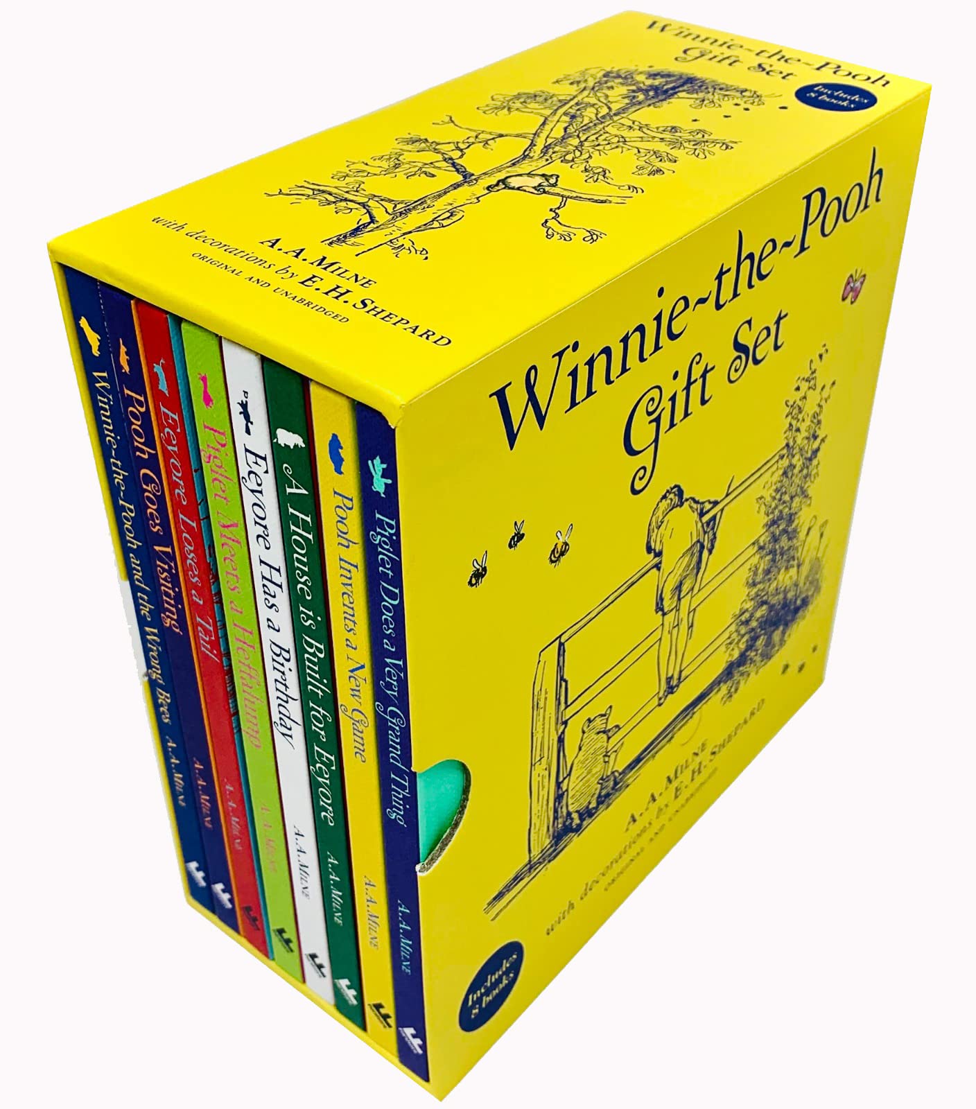 Spines of all eight Winnie-the-Pooh hardcover storybooks arranged side by side in the gift set