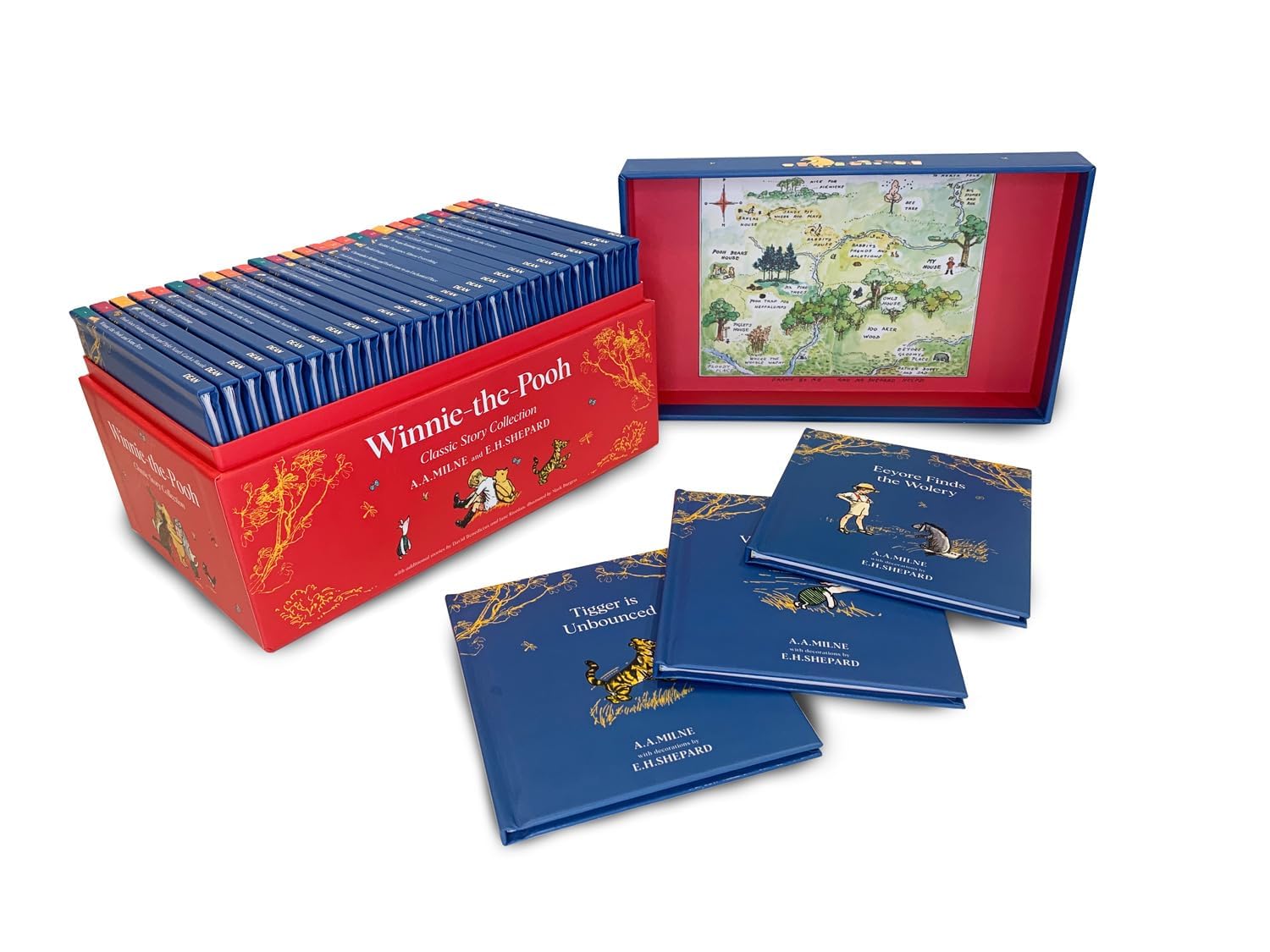 Close-up of individual hardback Winnie-the-Pooh titles from the 30 book set fanned out showing illustrated covers