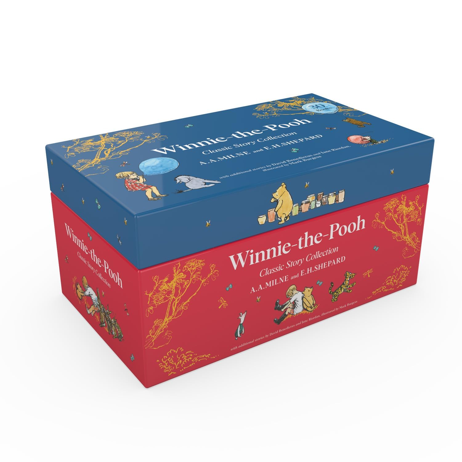 Winnie-the-Pooh Illustrated Classic Story Collection 30-book hardback box set showing colorful spines lined up on a shelf