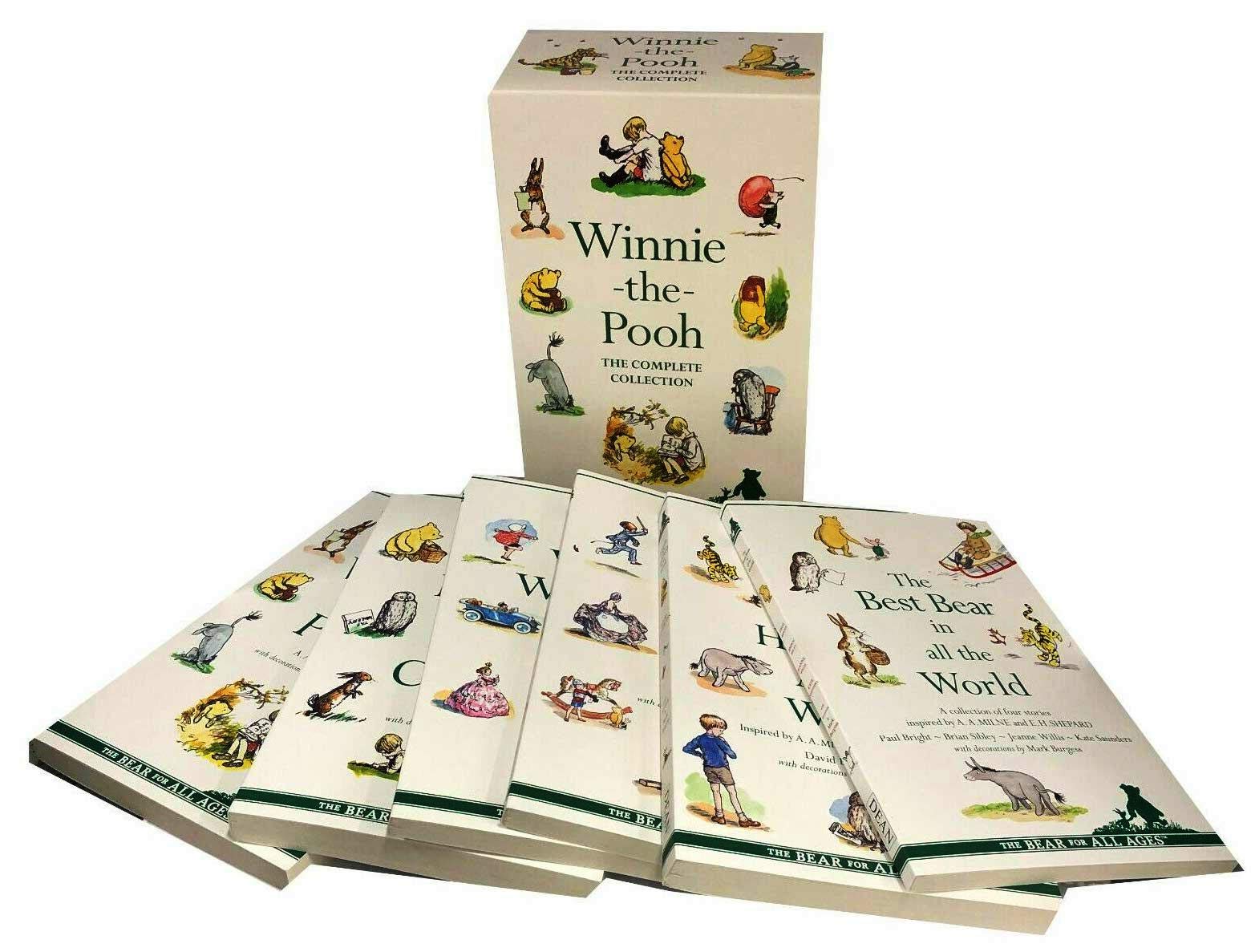 Close-up of the Winnie-the-Pooh paperback collection covers, highlighting classic bear and Hundred Acre Wood illustrations for young readers.