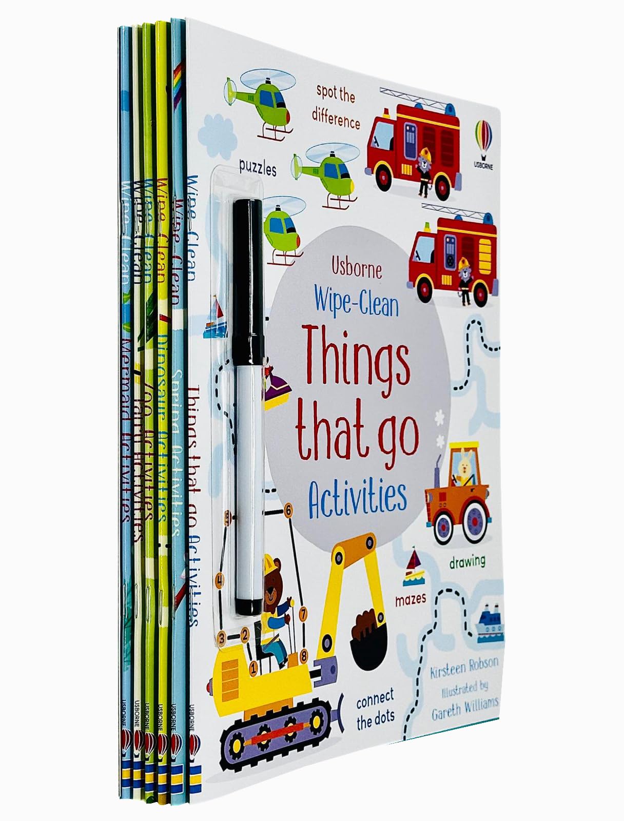 Full set of six Usborne Wipe-Clean Activities paperback books fanned out showing dinosaur, zoo, things that go, mermaid, spring, and fairy covers