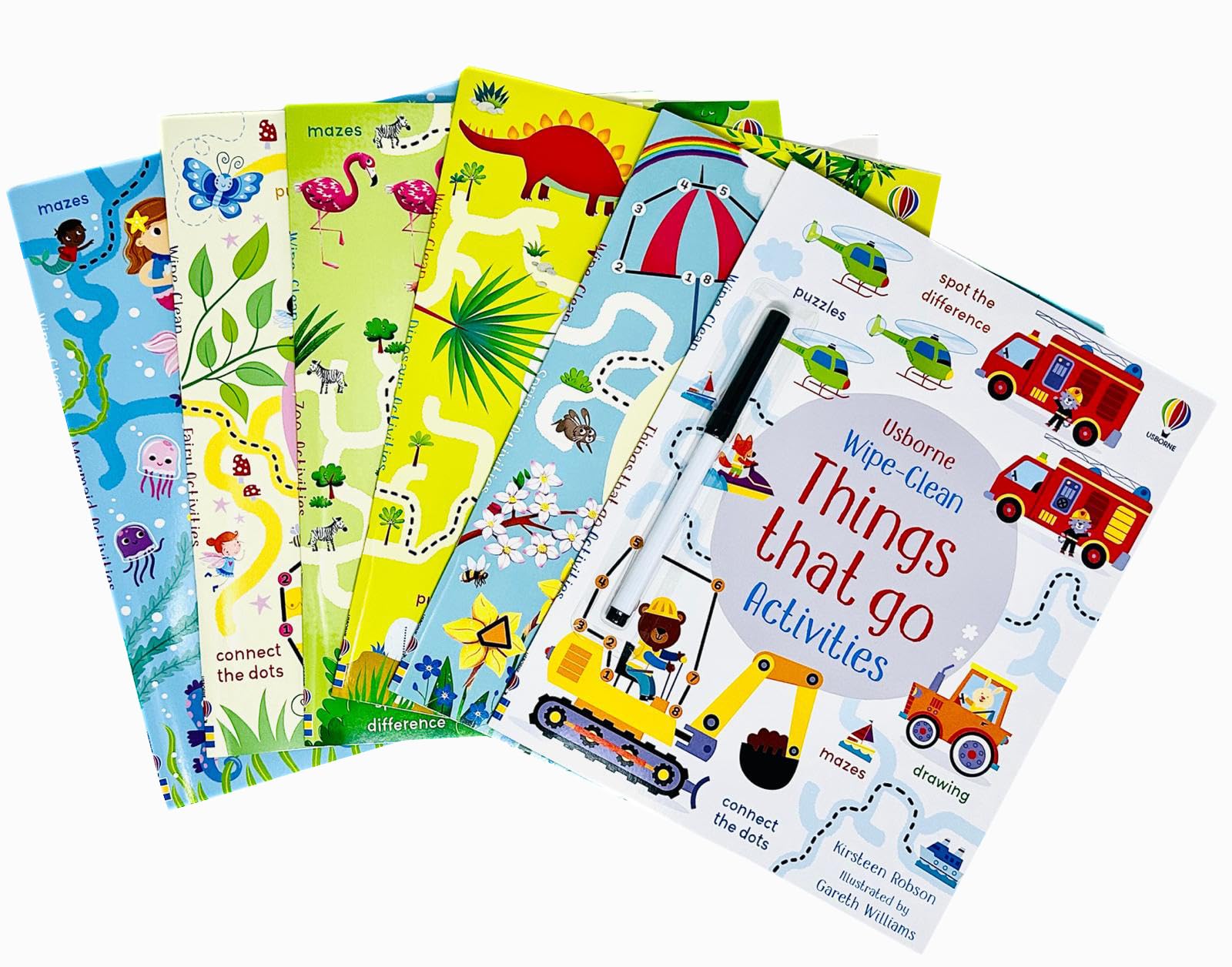 Inside page spread of a Wipe-Clean Activities book showing dot-to-dot and tracing activities with the included wipe-clean pen
