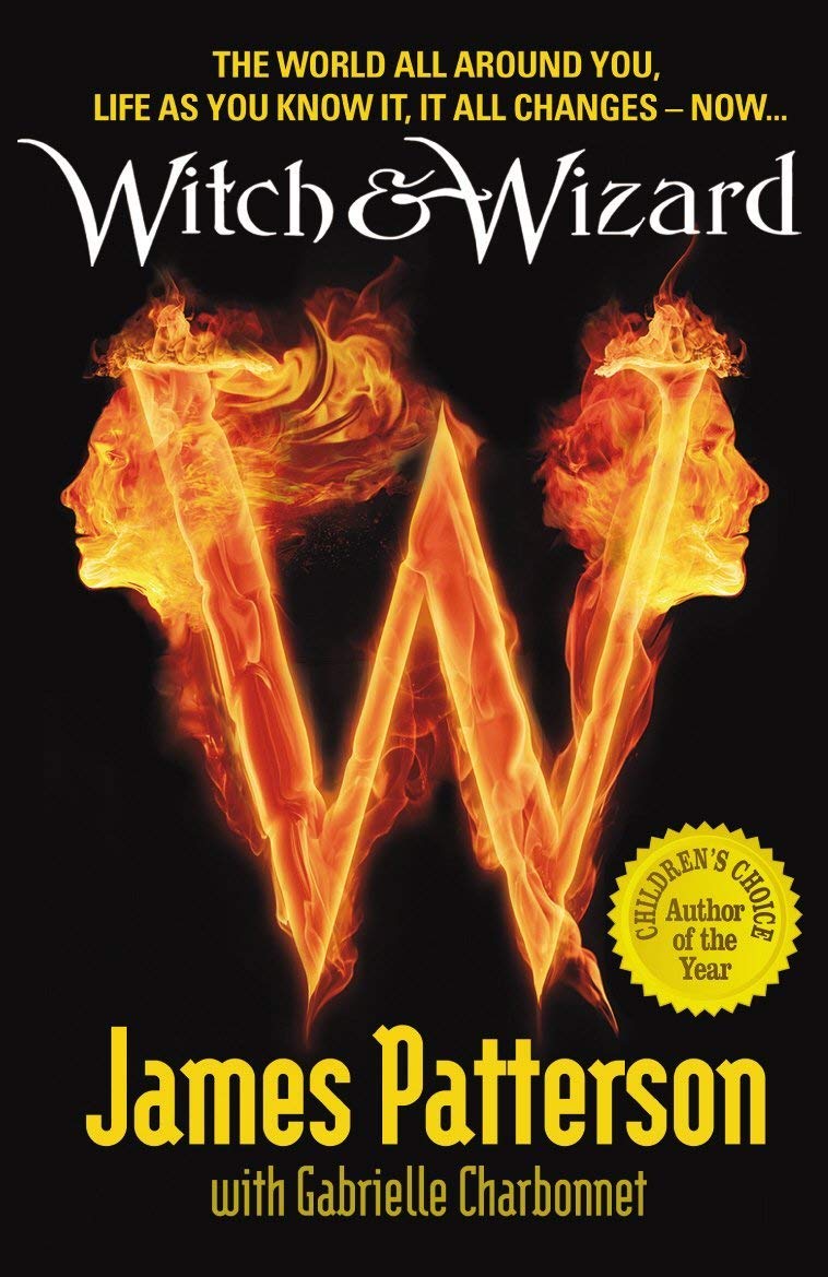 Stacked view of the Witch & Wizard paperback books highlighting spine text and cover colors