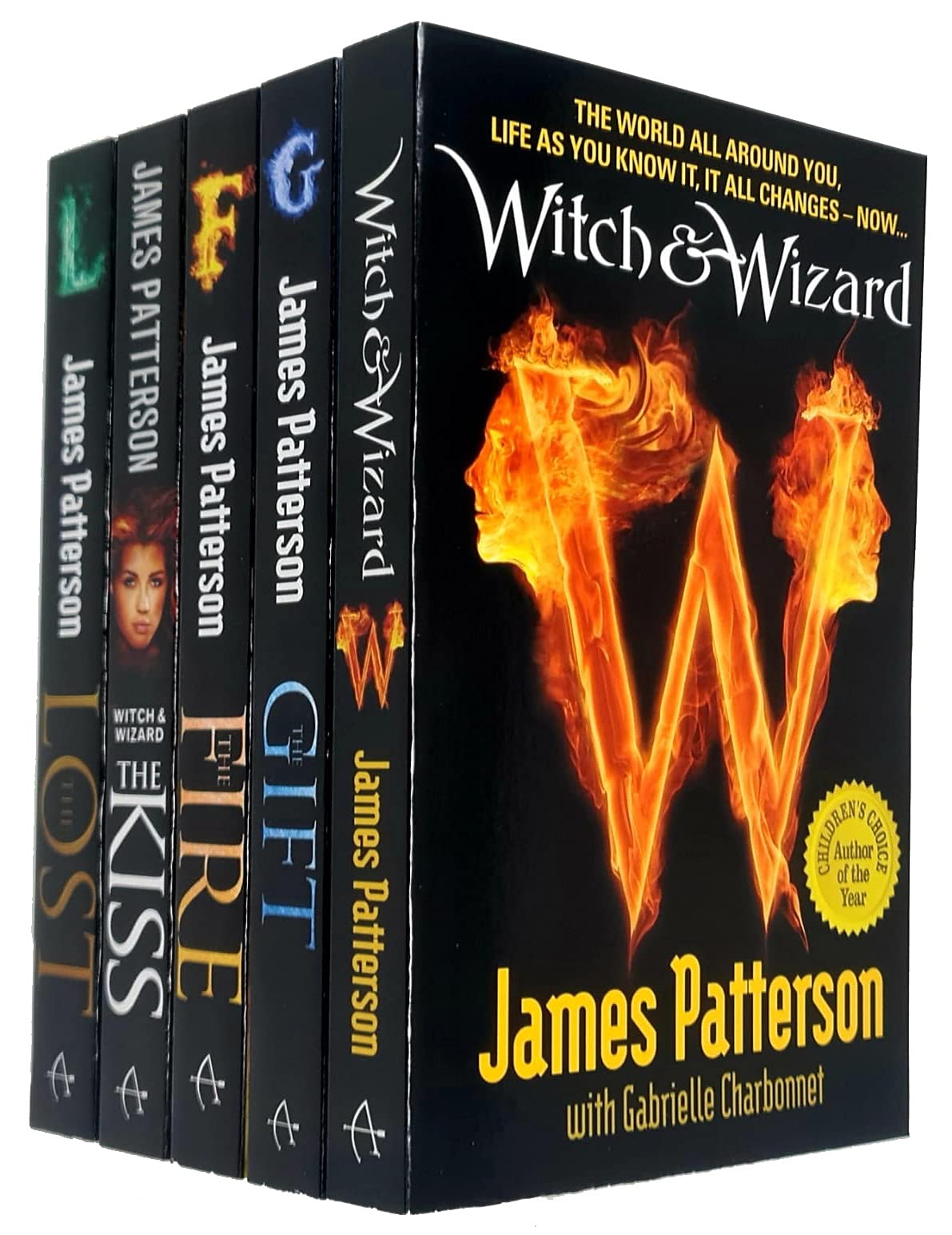 Front cover display of the complete Witch & Wizard 5-book paperback collection by James Patterson