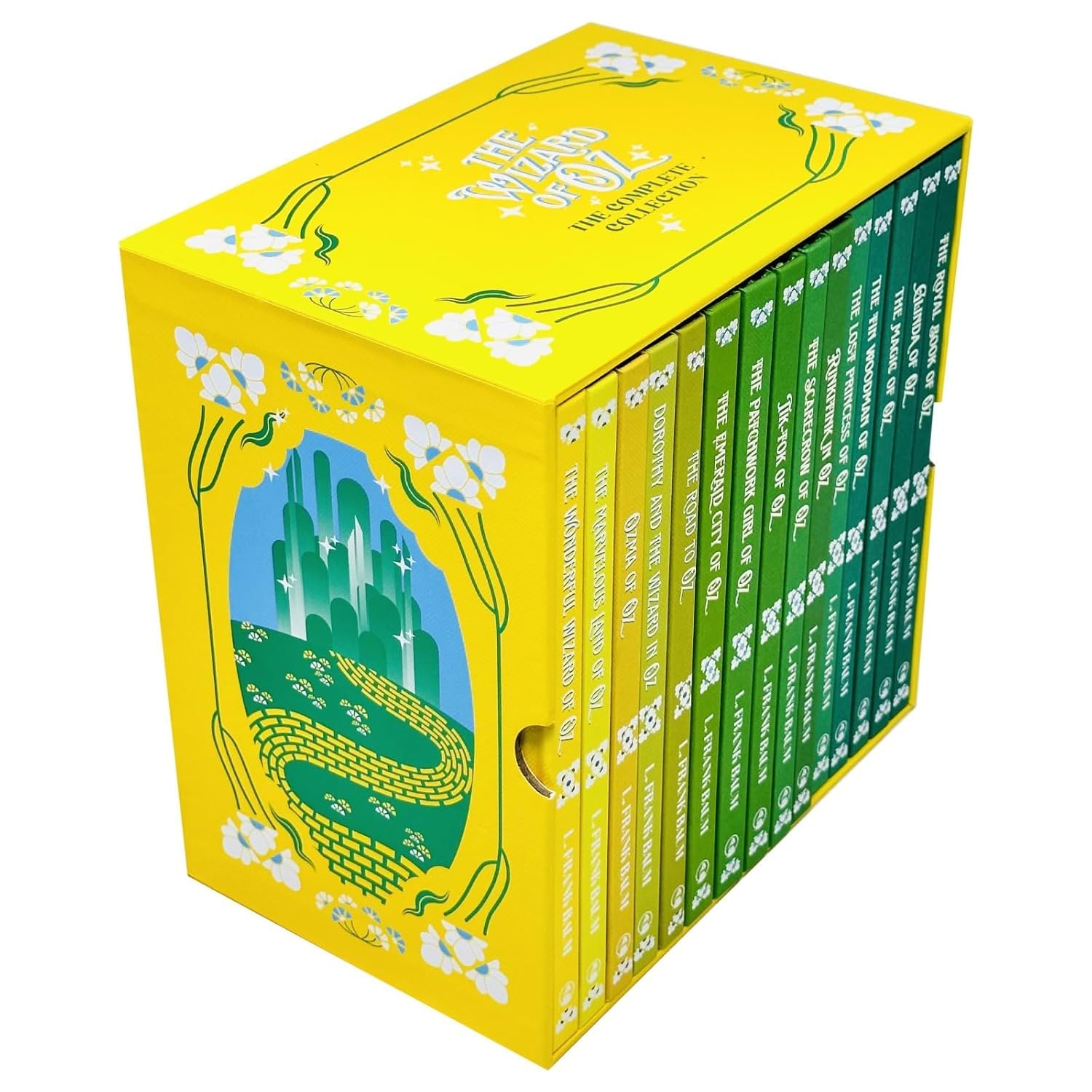 Close-up of matching spines from the Wizard of Oz 15-book hardcover box set