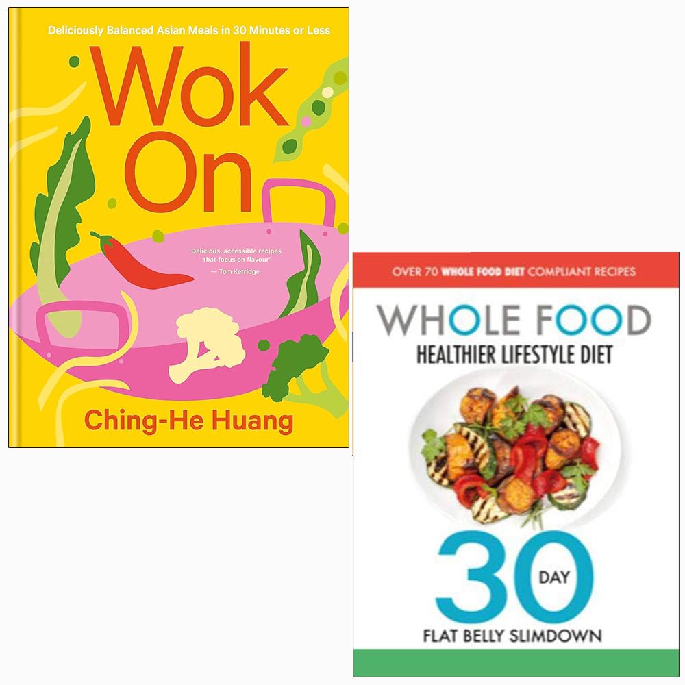 Both paperback books in the Wok On and Whole Food Healthier Lifestyle Diet 2 books collection set fanned out together