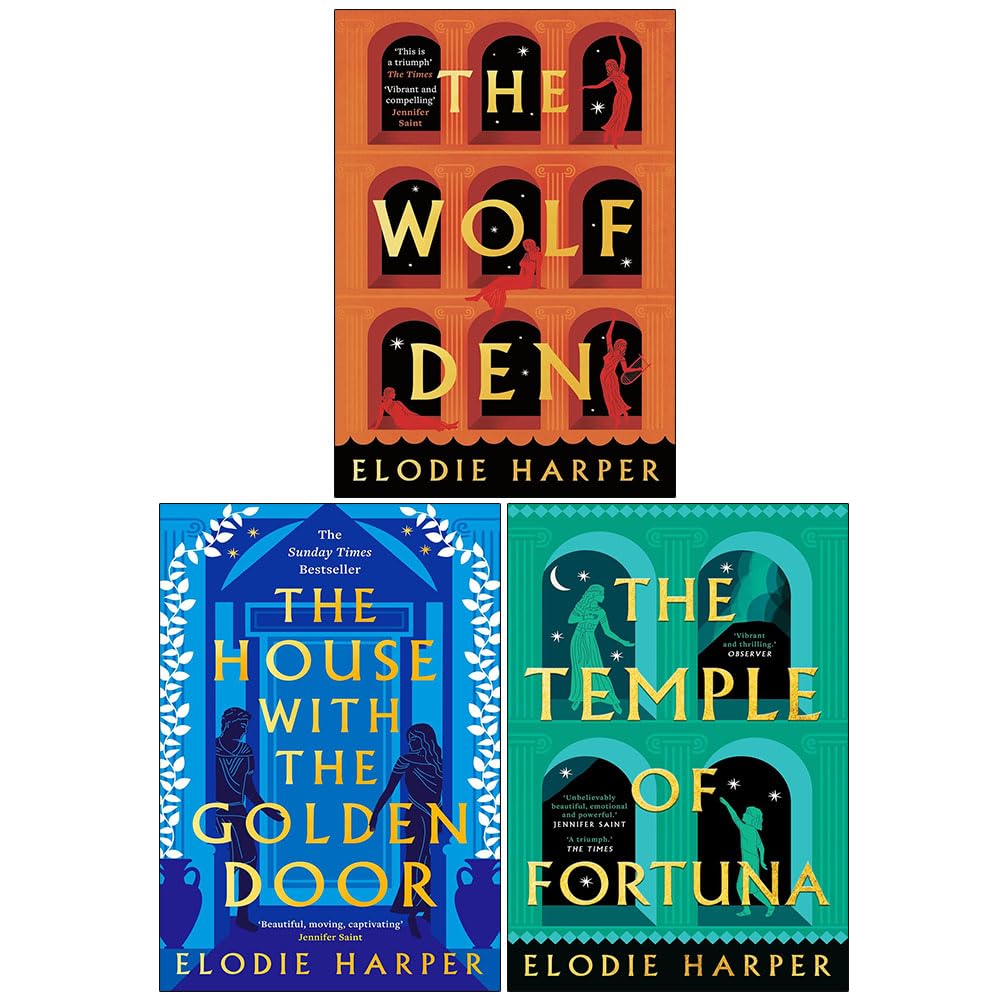 Wolf Den Trilogy 3 book paperback set by Elodie Harper, front covers of The Wolf Den, The House with the Golden Door, and The Temple of Fortuna