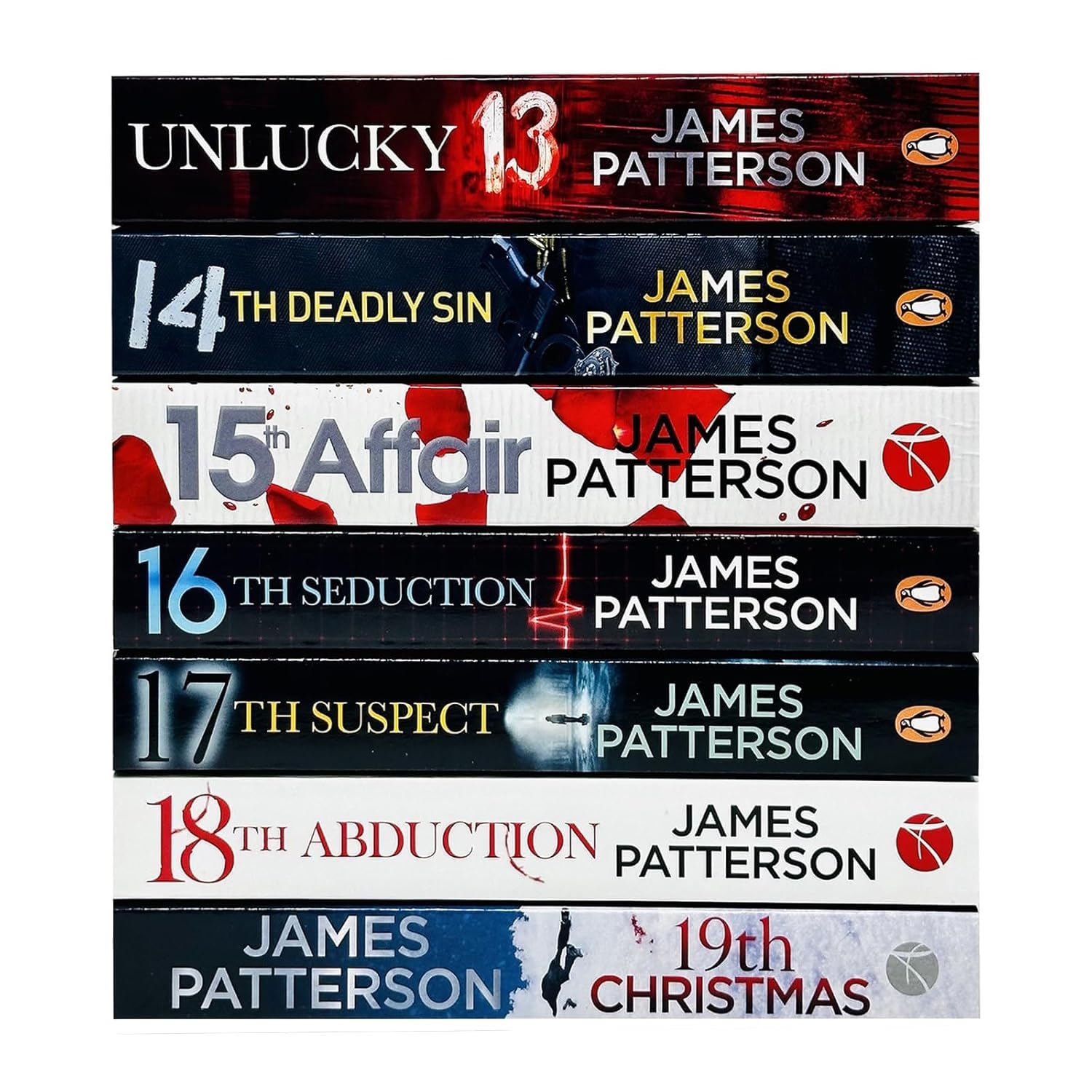 Women's Murder Club paperback box set books 13-19 fanned out showing Unlucky 13 through 19th Christmas spines