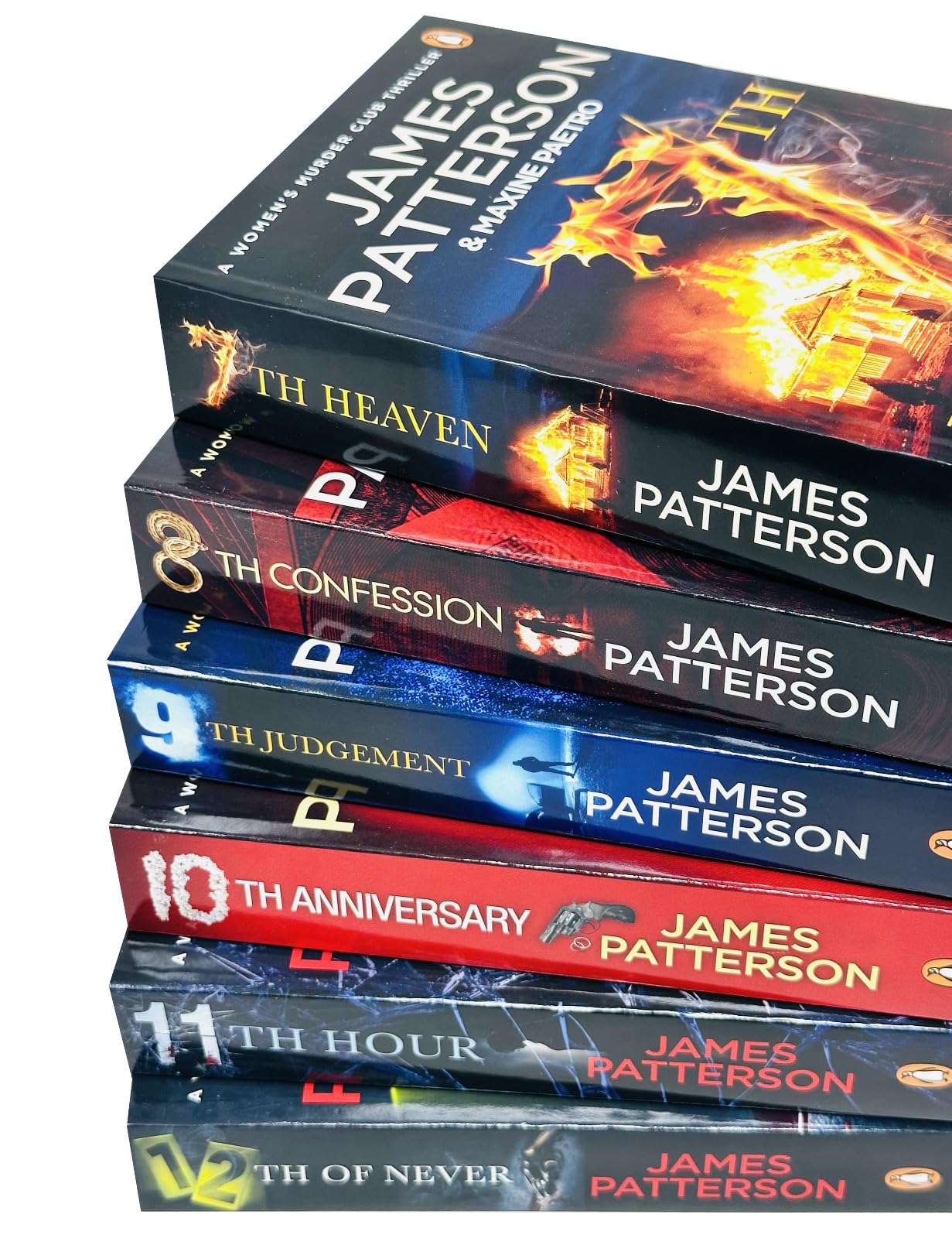 All 5 Women's Murder Club paperback books fanned out showing The 6th Target through 10th Anniversary
