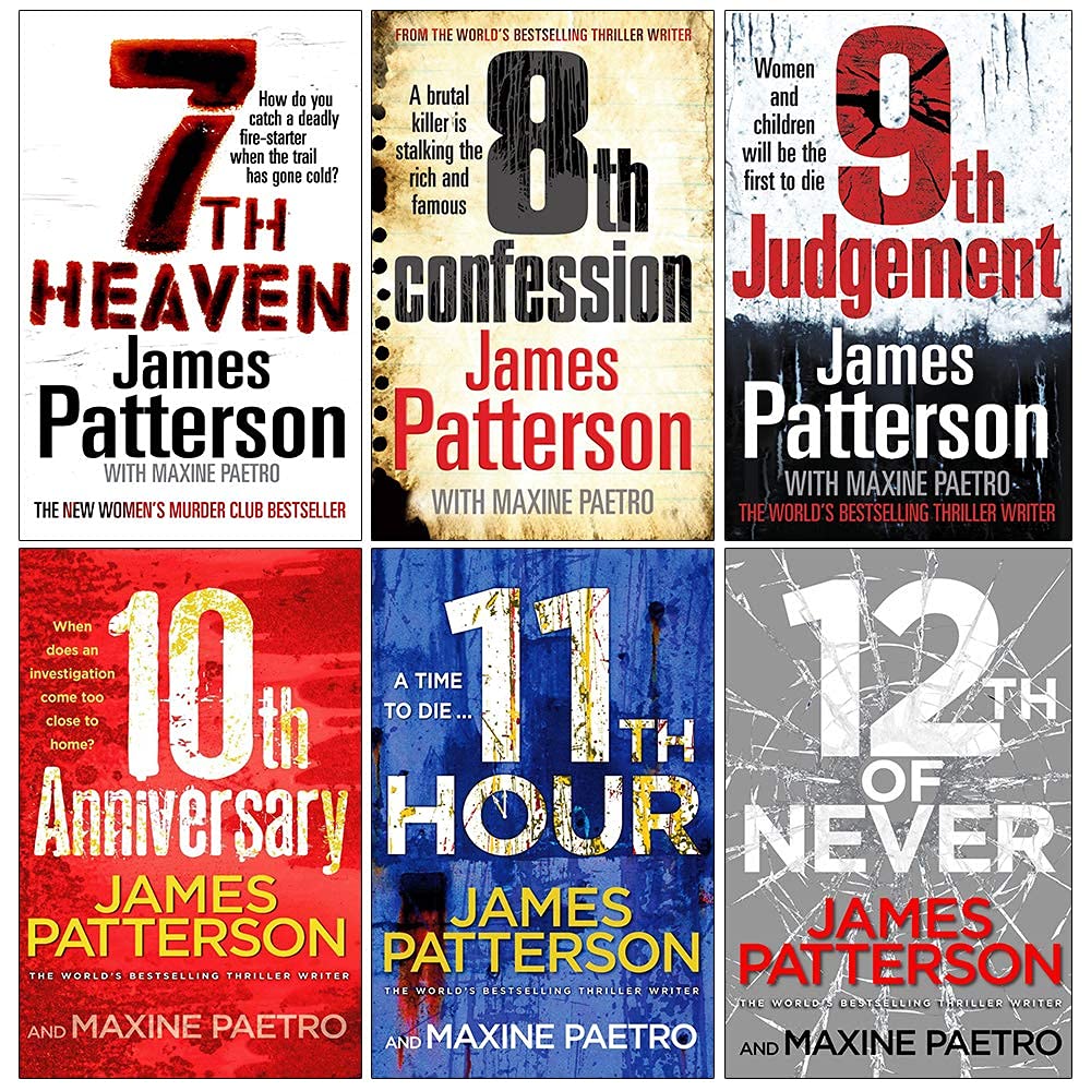 Close-up of Women's Murder Club paperback spines by James Patterson showing book titles in the set