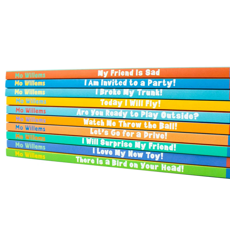 Close-up of the Elephant & Piggie paperback book spines stacked from the 10-book collection