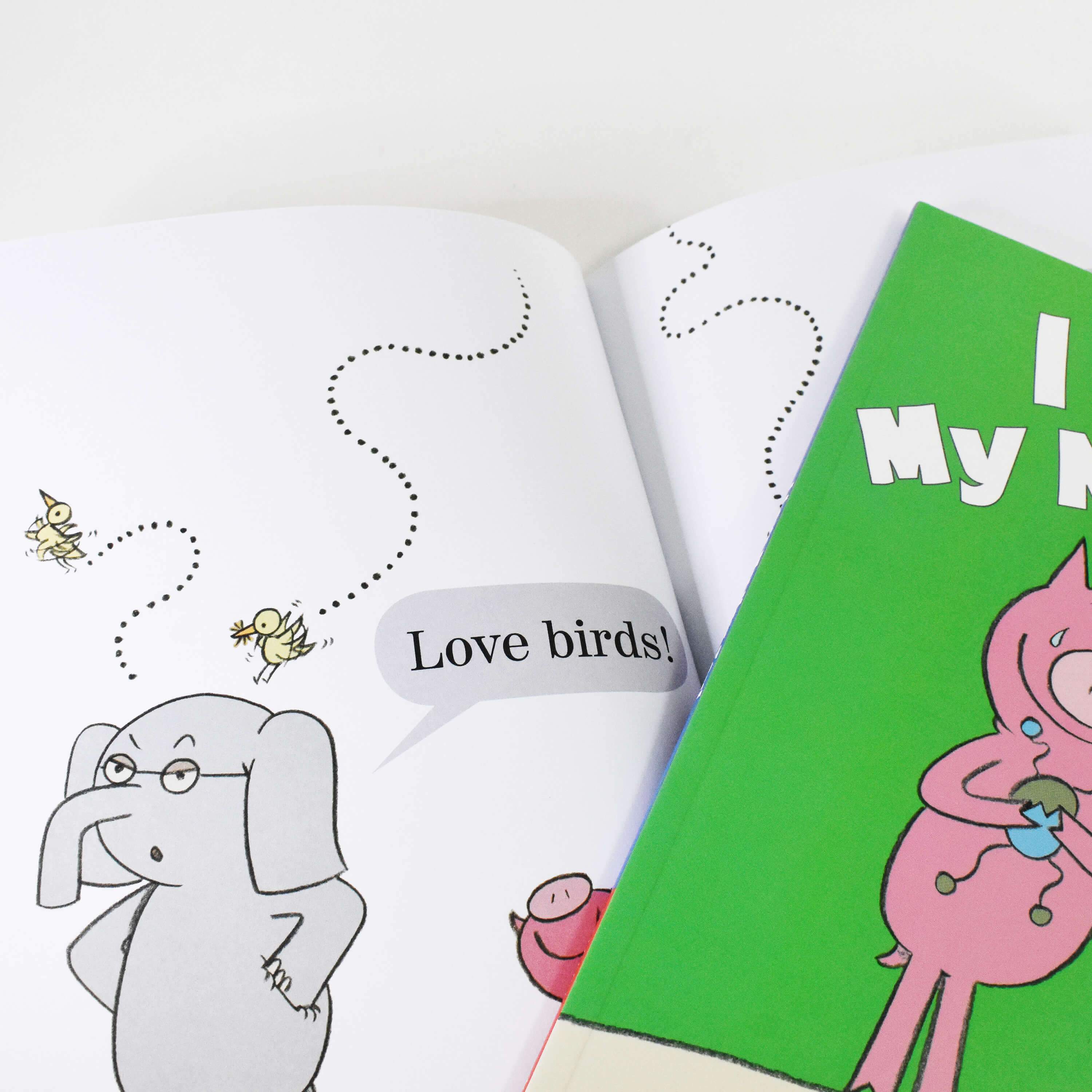 Open box set showing all ten Elephant & Piggie paperback books by Mo Willems displayed inside