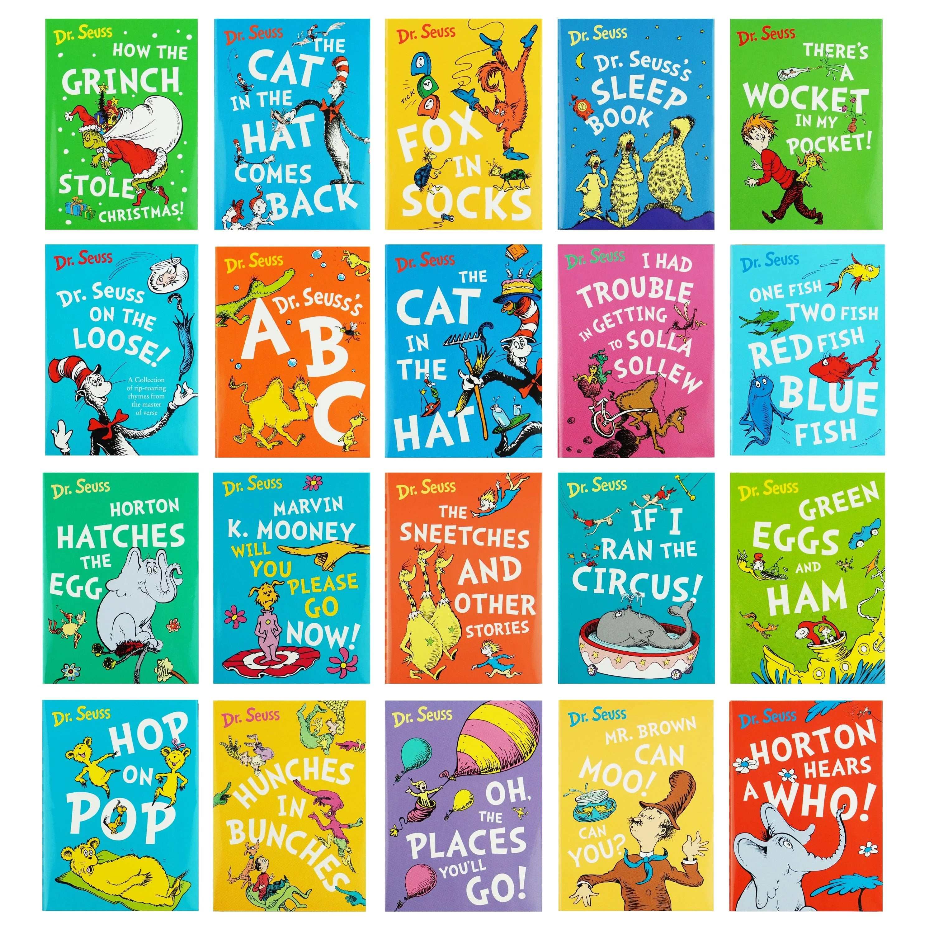 Front cover of the Wonderful World of Dr. Seuss 20 book box set featuring colorful Seuss characters