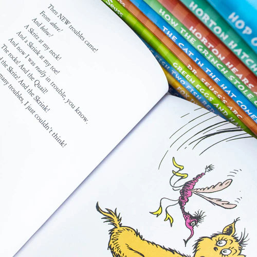 Dr. Seuss 20 book hardback collection titles fanned out showing individual book covers like The Cat in the Hat and Green Eggs and Ham