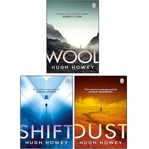 Front covers of the Wool Trilogy 3-book paperback collection by Hugh Howey, showing Wool, Shift, and Dust side by side.
