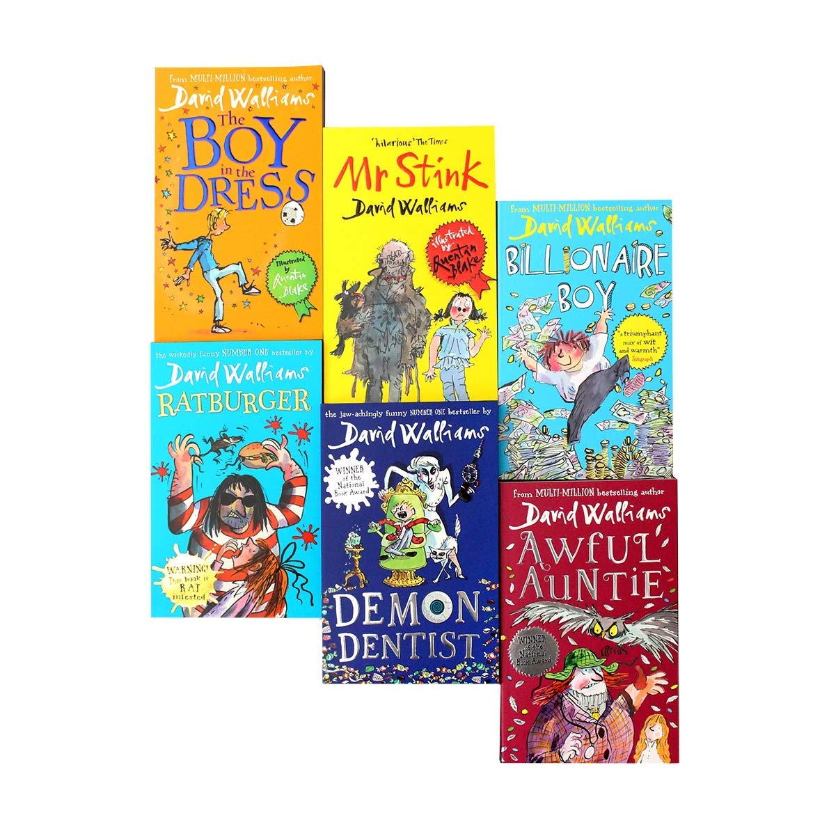 All six David Walliams paperback books fanned out showing The Boy in the Dress, Mr Stink, Billionaire Boy, Ratburger, Demon Dentist and Awful Auntie covers