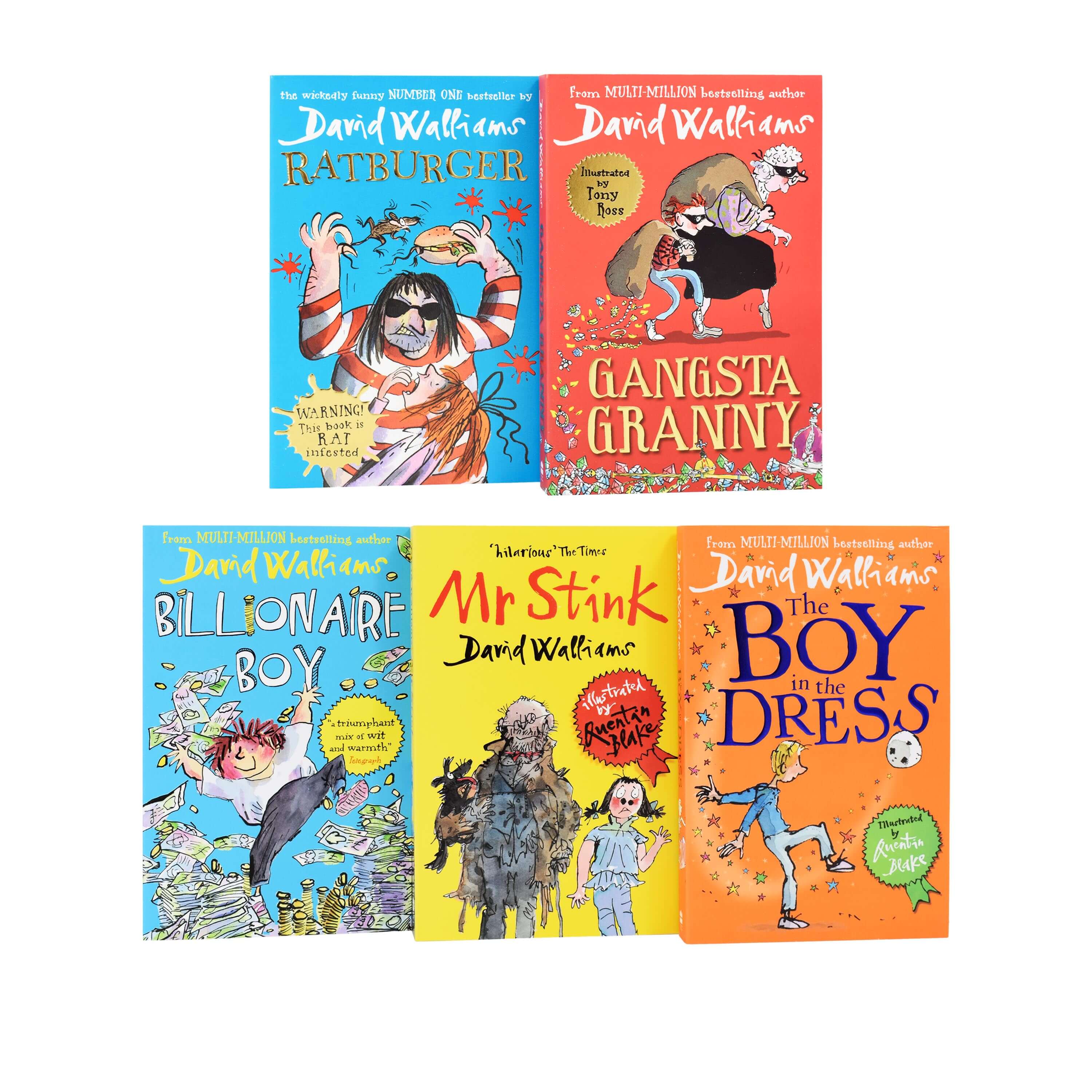 All six David Walliams paperback books fanned out, showing titles Boy in the Dress, Mr Stink, Billionaire Boy, Demon Dentist and more.