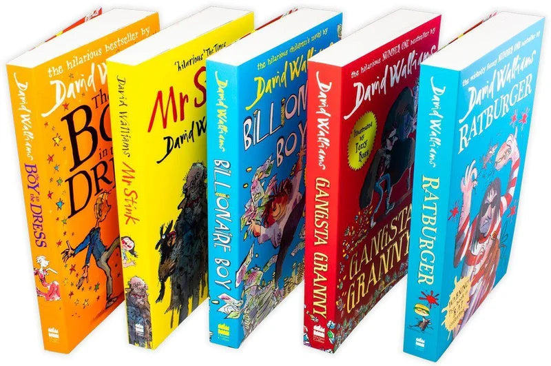 Back cover and spine detail of The World of David Walliams paperback box set for children ages 7-9.