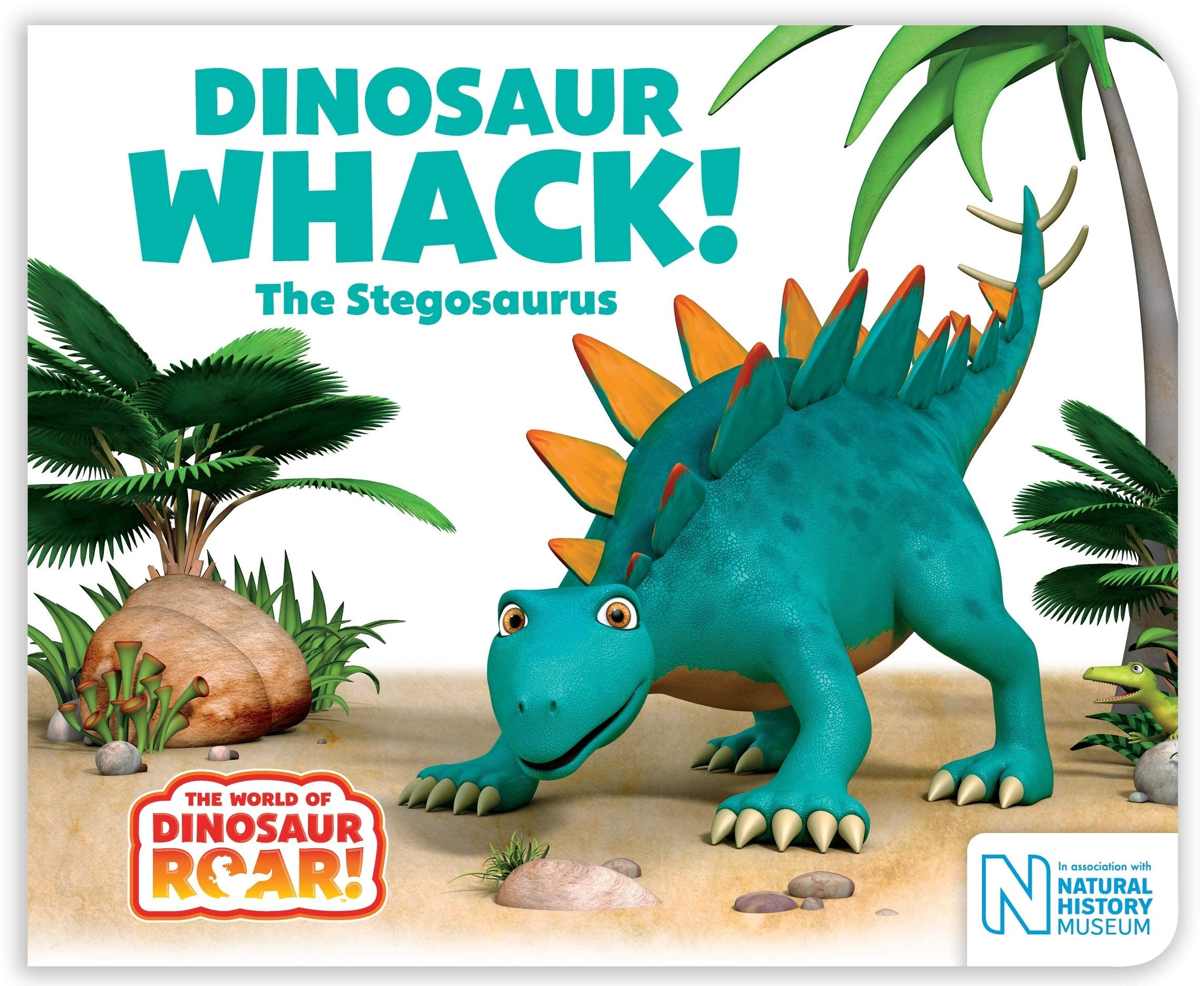 Side view of the four stacked World of Dinosaur Roar board books showing their sturdy board book spines.