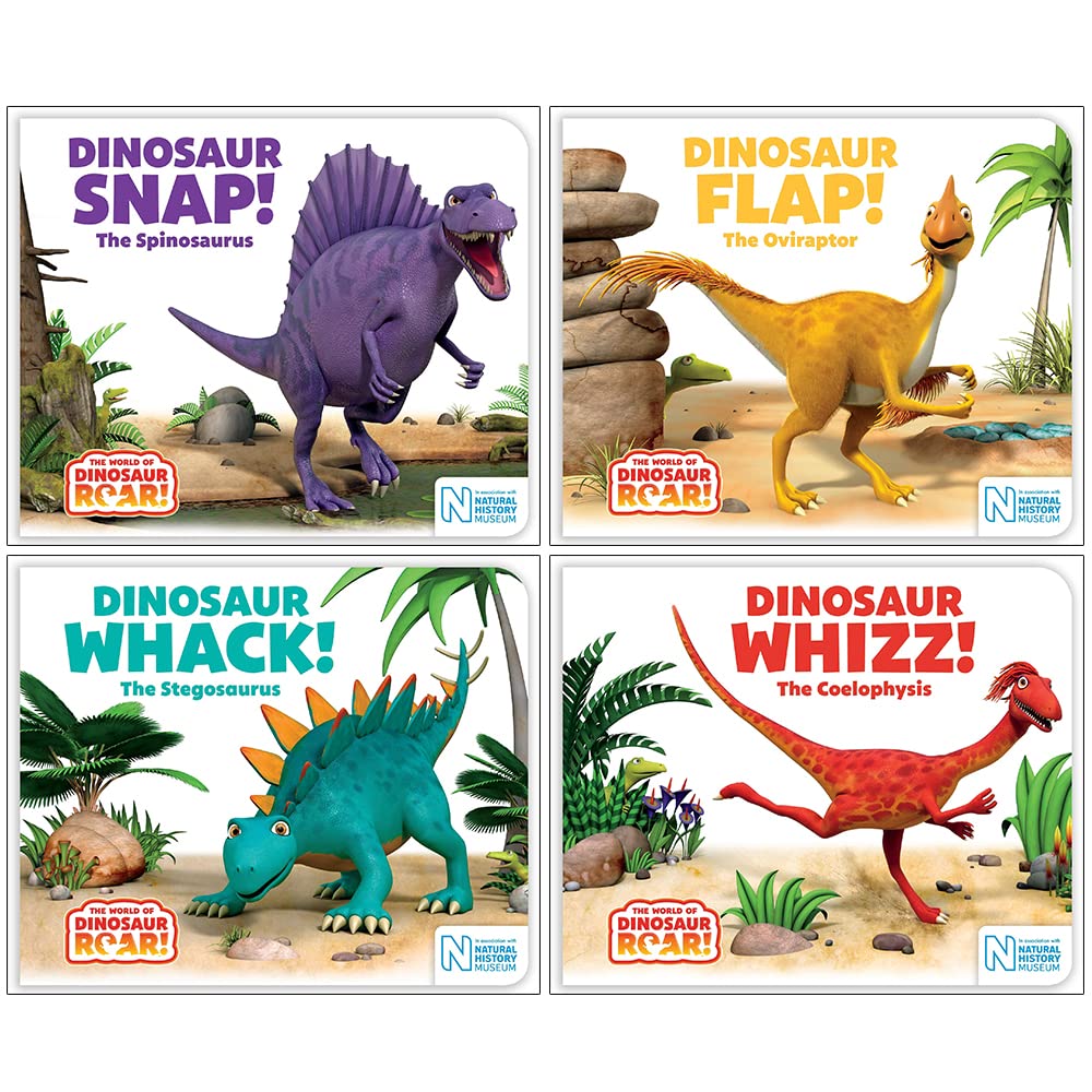 Front covers of all four World of Dinosaur Roar board books by Peter Curtis lined up together, ages 3-5.