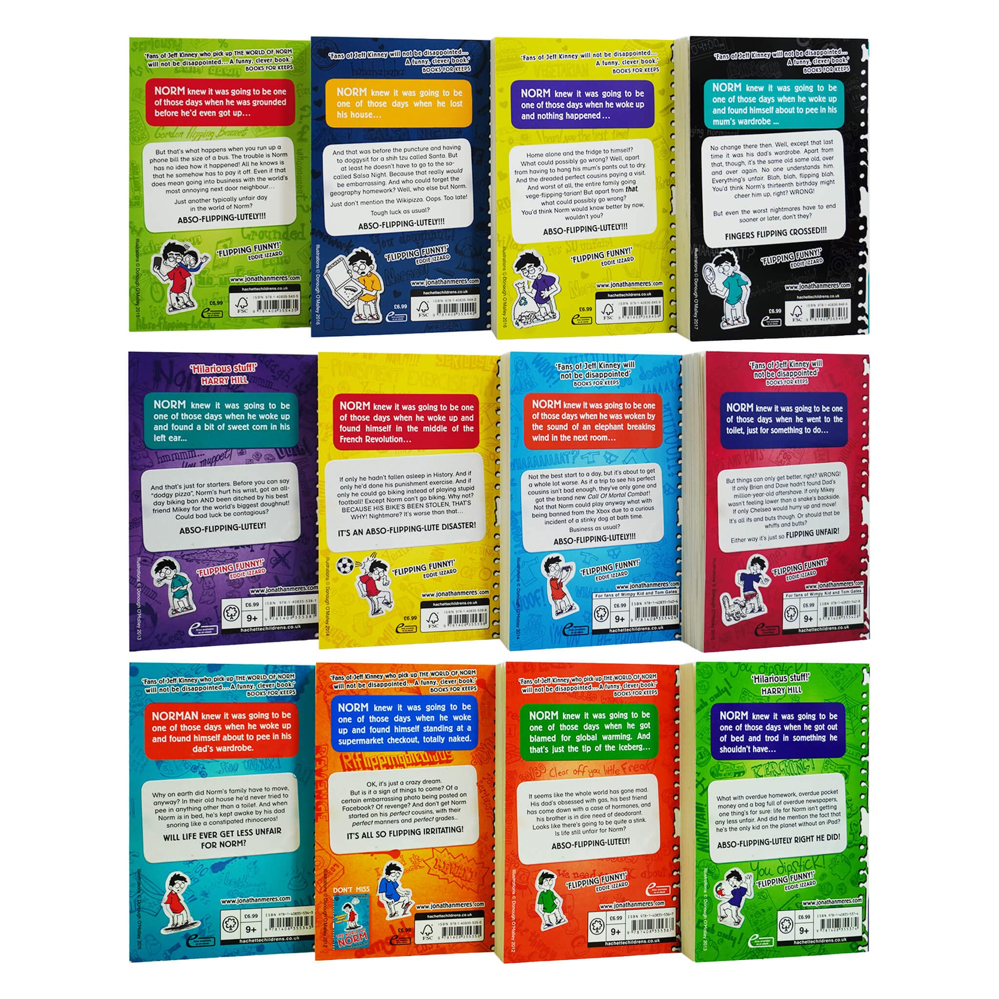 All 12 World of Norm paperback books by Jonathan Meres fanned out showing individual titles