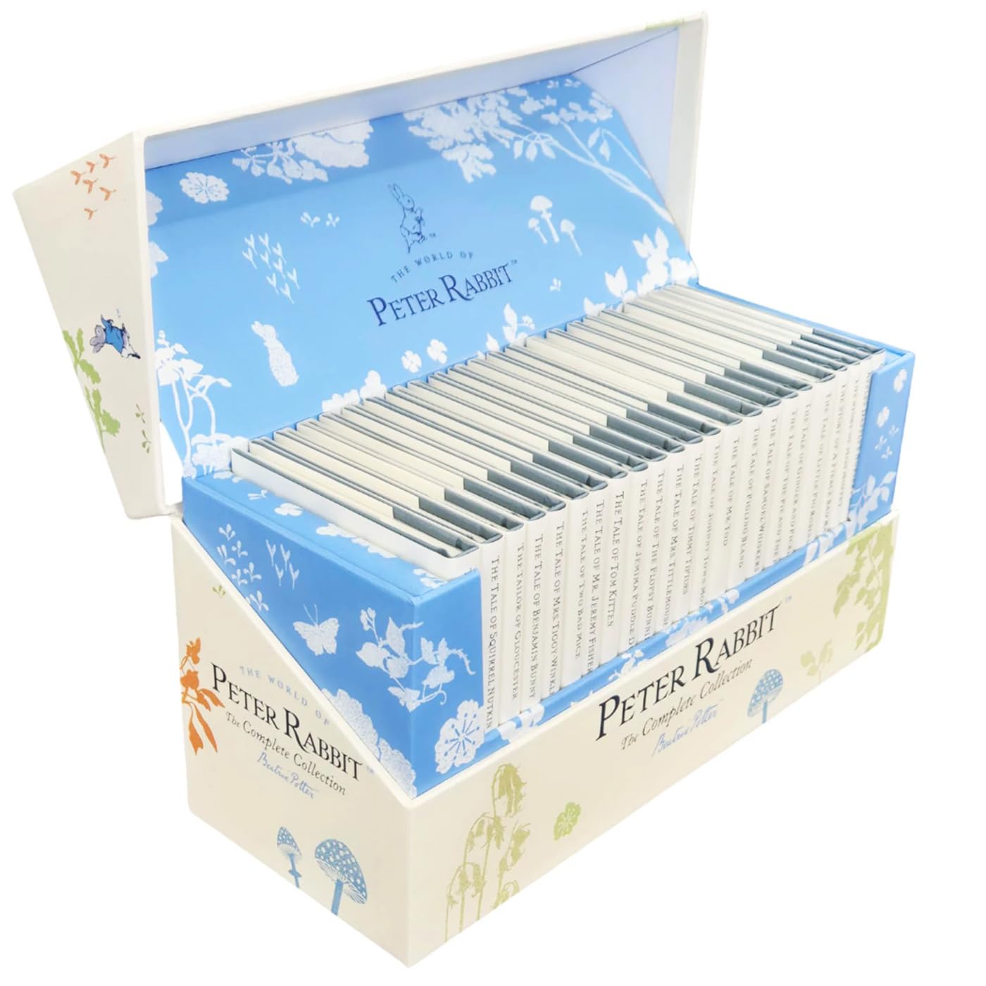 Close-up of The World of Peter Rabbit hardback boxed set showing the illustrated presentation box and spines.