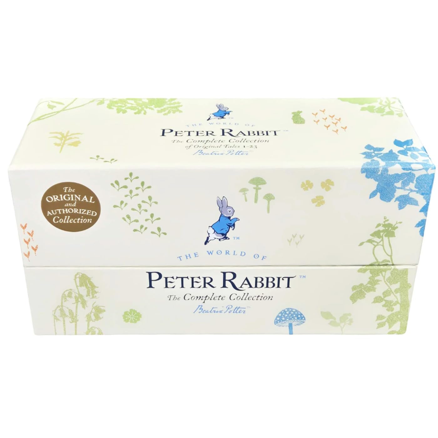 All 23 hardback Peter Rabbit tales by Beatrix Potter fanned out to show individual illustrated covers.
