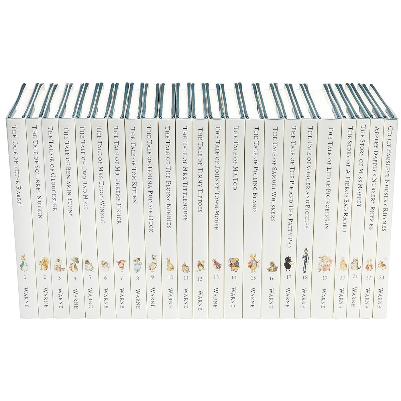 Beatrix Potter 23-book hardback collection displayed in rows showing classic Peter Rabbit character illustrations.