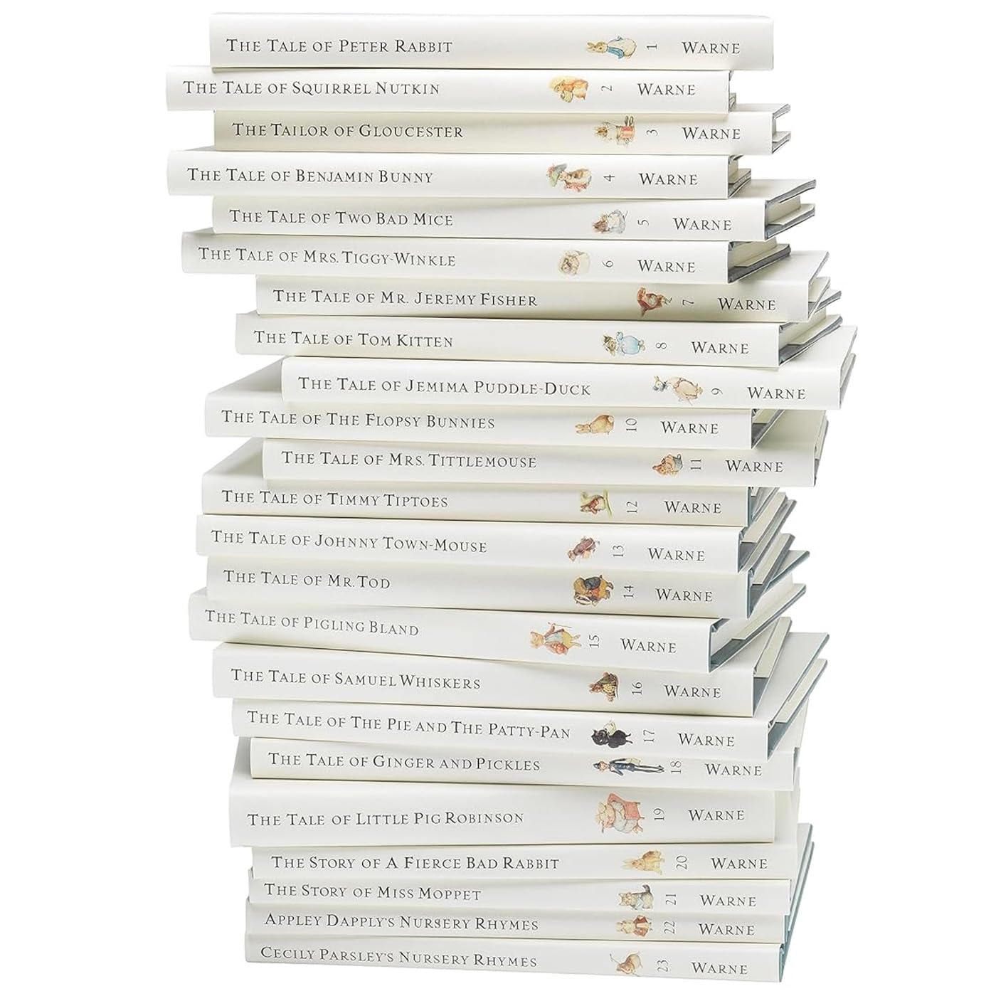 Angled view of the complete 23-book Peter Rabbit hardback set showing book thickness and cover art detail.