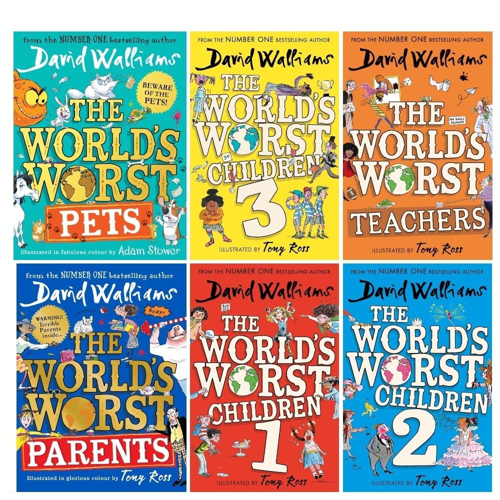 The World's Worst 6 Books Collection Set by David Walliams - front cover of the paperback box set featuring Children, Parents, Teachers, and Pets titles