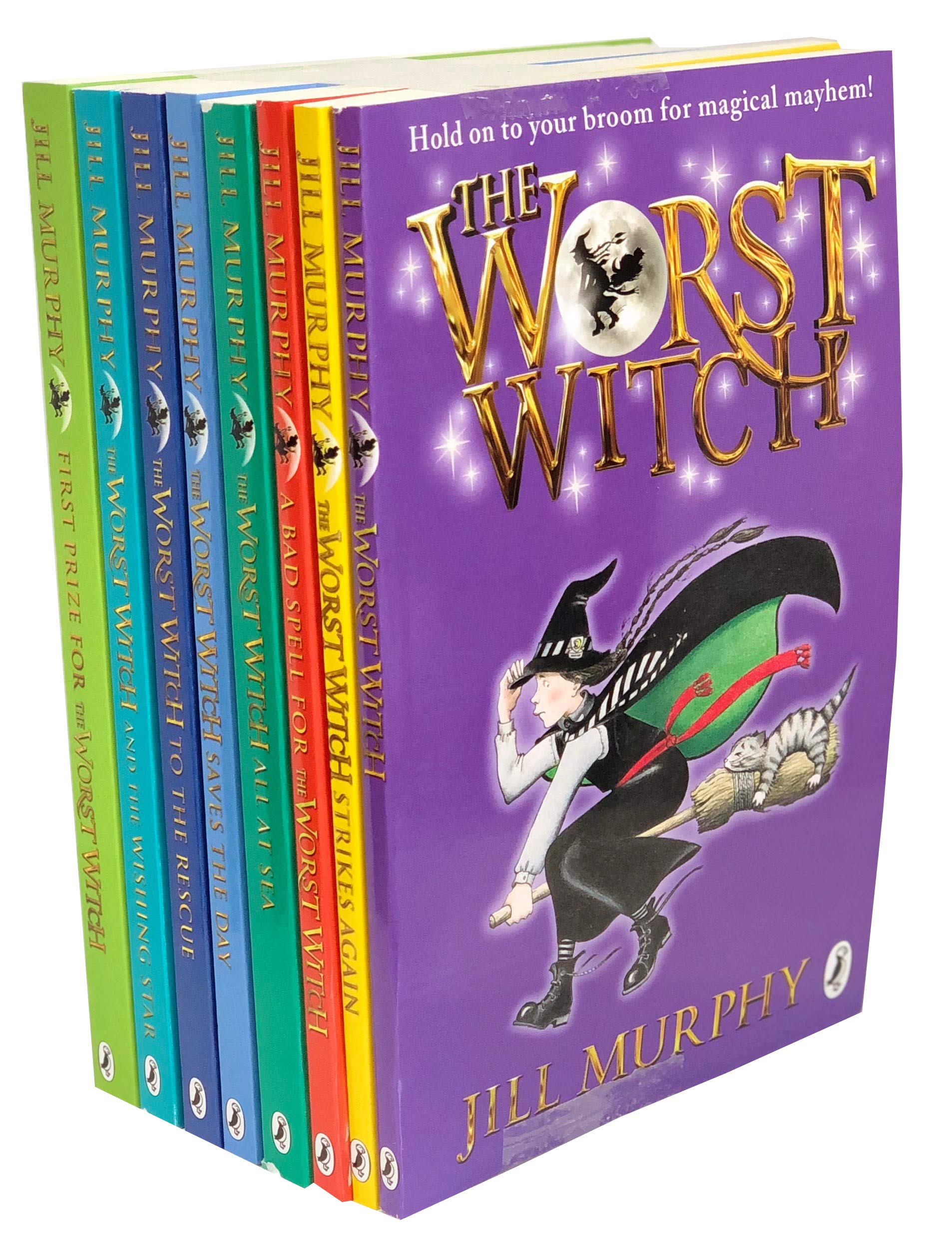 The Worst Witch 8 Books Collection Set by Jill Murphy - all eight paperback titles shown together including The Worst Witch, Strikes Again, A Bad Spell, All at Sea, Saves the Day, To the Rescue, Wishing Star, and First Prize