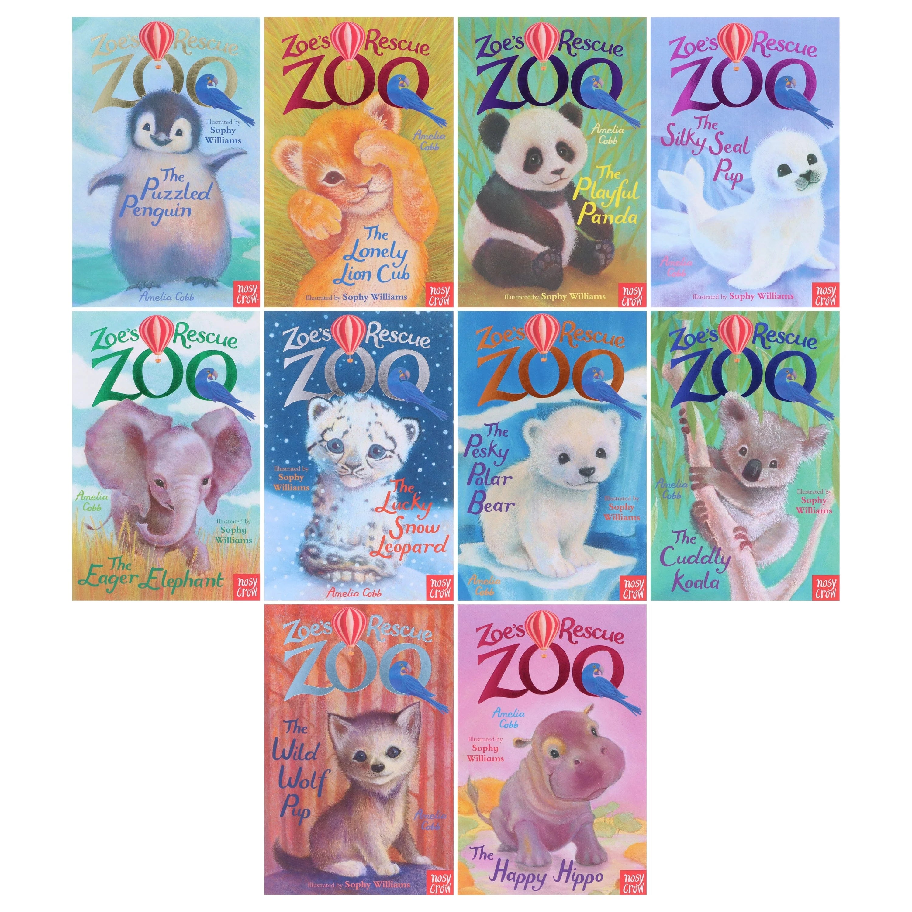 Close-up of individual Zoe's Rescue Zoo paperback titles including The Puzzled Penguin and The Lonely Lion Cub