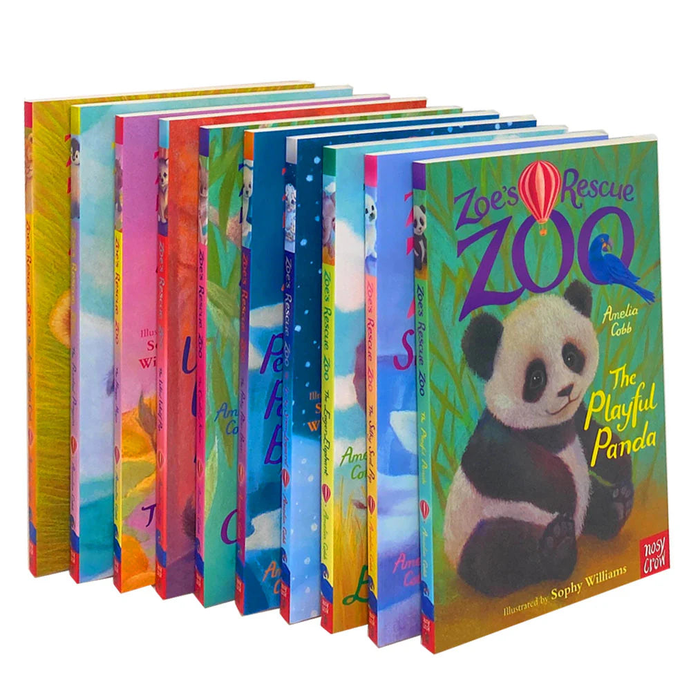 Close-up of Zoe's Rescue Zoo book covers including The Puzzled Penguin and The Lonely Lion Cub