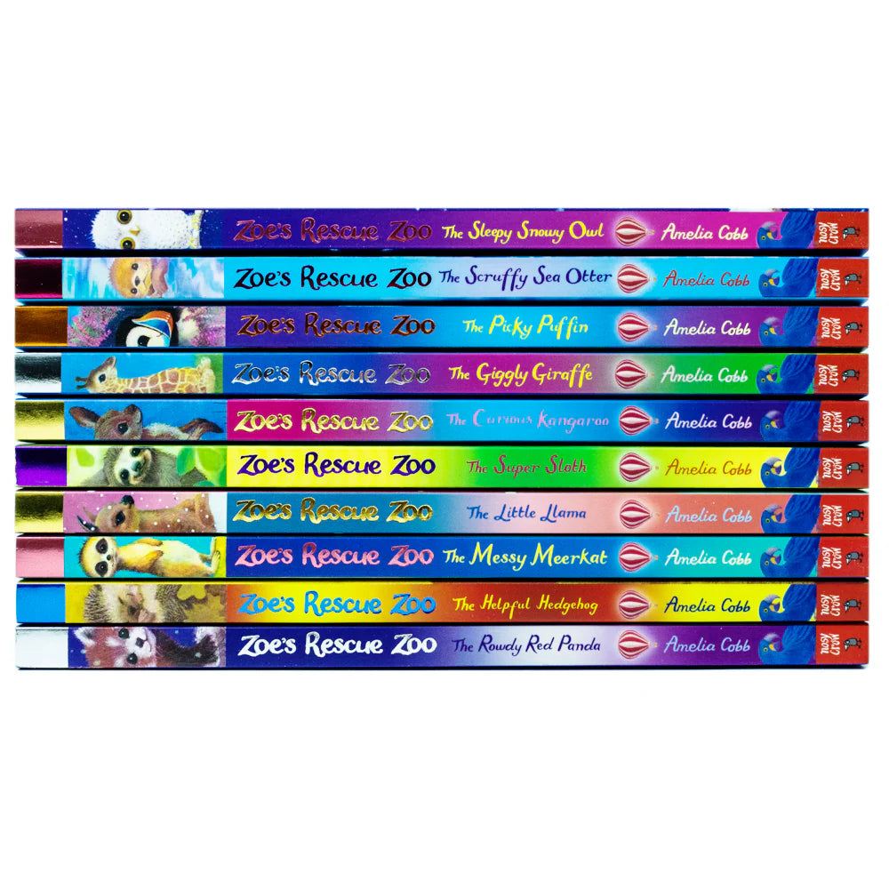 Close-up of individual Zoe's Rescue Zoo paperback book covers including The Sleepy Snowy Owl and The Curious Kangaroo