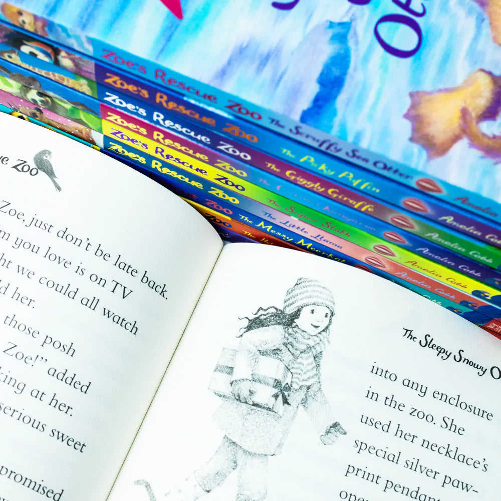 Inside page spread from a Zoe's Rescue Zoo paperback book showing chapter text and illustration
